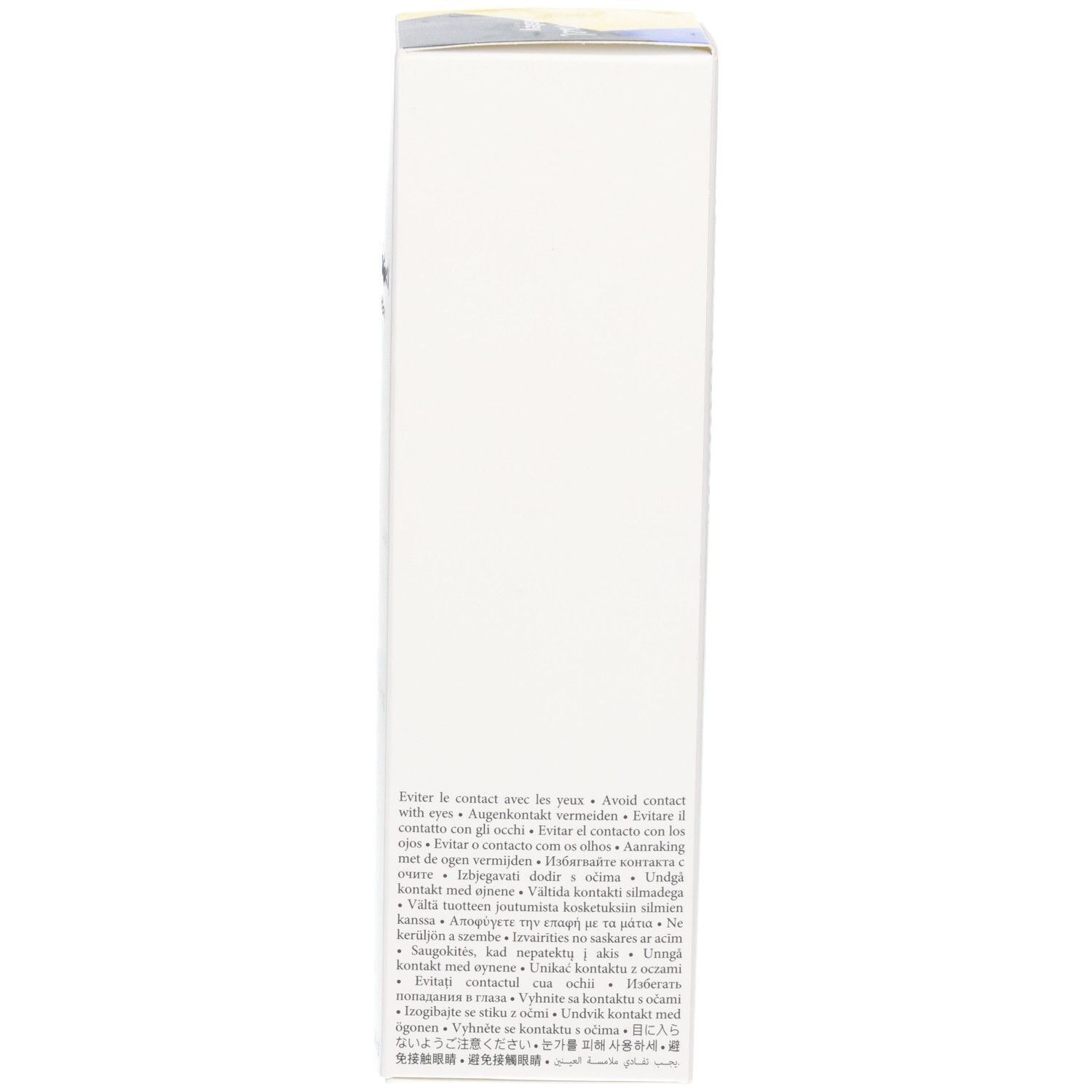Seite der Kartonverpackung mit Warnhinweisen in mehreren Sprachen.