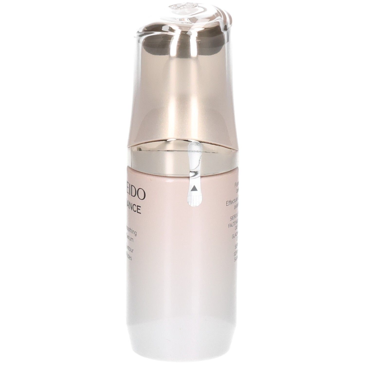 Seitenansicht des Shiseido Benefiance Faltenreduzierenden Konturserums, Flakon mit Pumpspender.