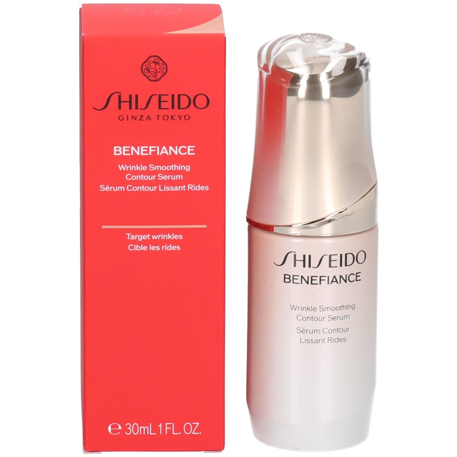 Shiseido Benefiance Faltenreduzierendes Konturserum und seine rote Verpackung.
