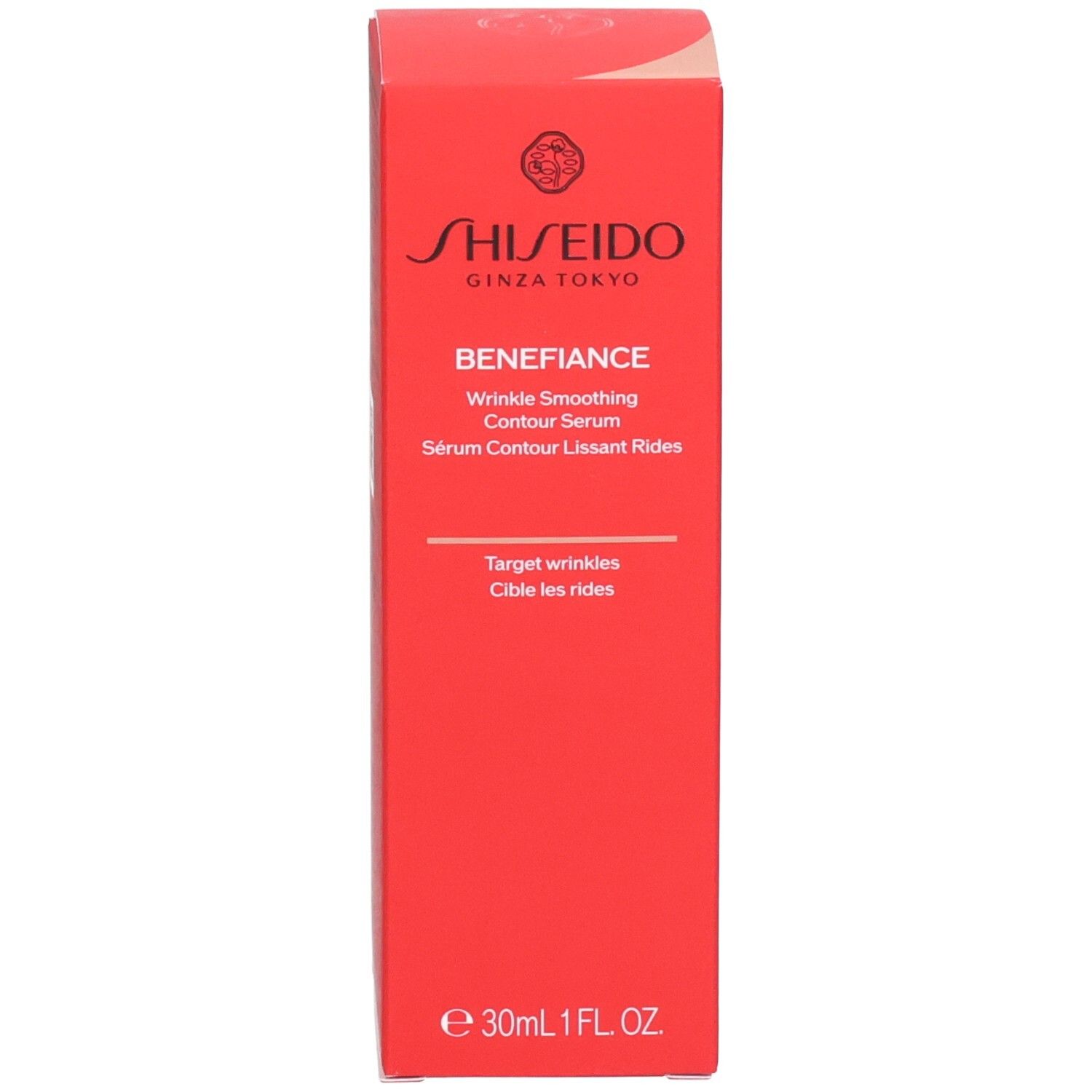 Rote Verpackung des Shiseido Benefiance Faltenreduzierenden Konturserums mit Produktinformationen.