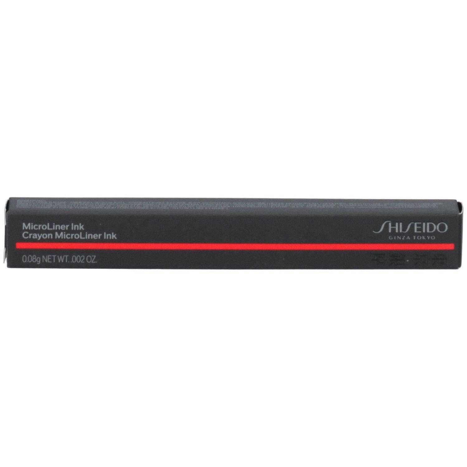 Shiseido Microliner Ink Verpackung, schwarz mit rotem Streifen und Logo.