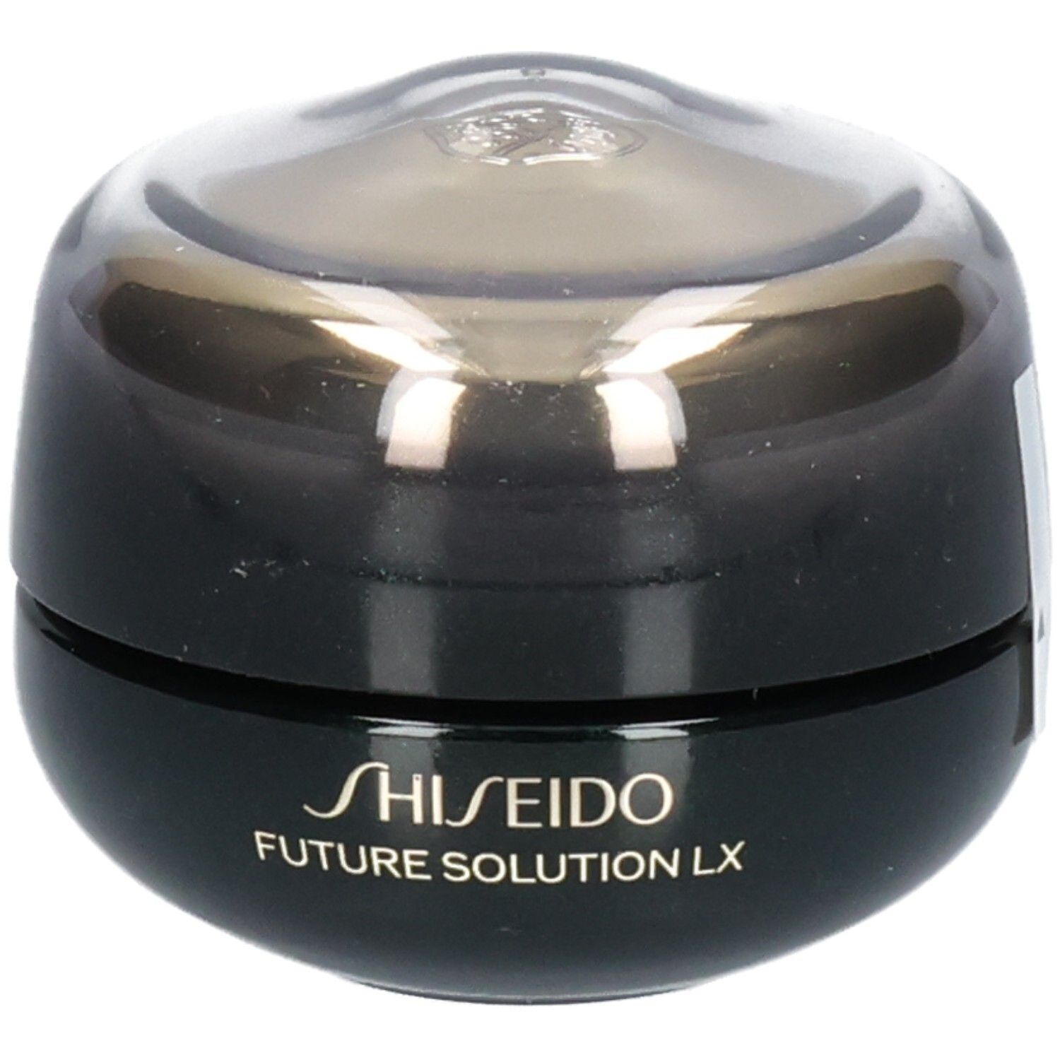 Shiseido Future Solution LX Augen- und Lippenkonturcreme in schwarzem Tiegel mit transparentem Deckel.