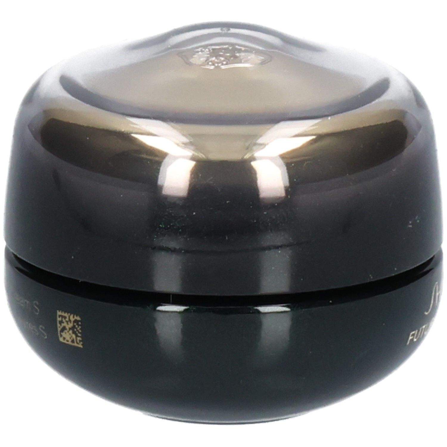 Shiseido Future Solution LX Augen- und Lippenkonturcreme, schwarzer Tiegel mit transparentem Deckel und QR-Code.