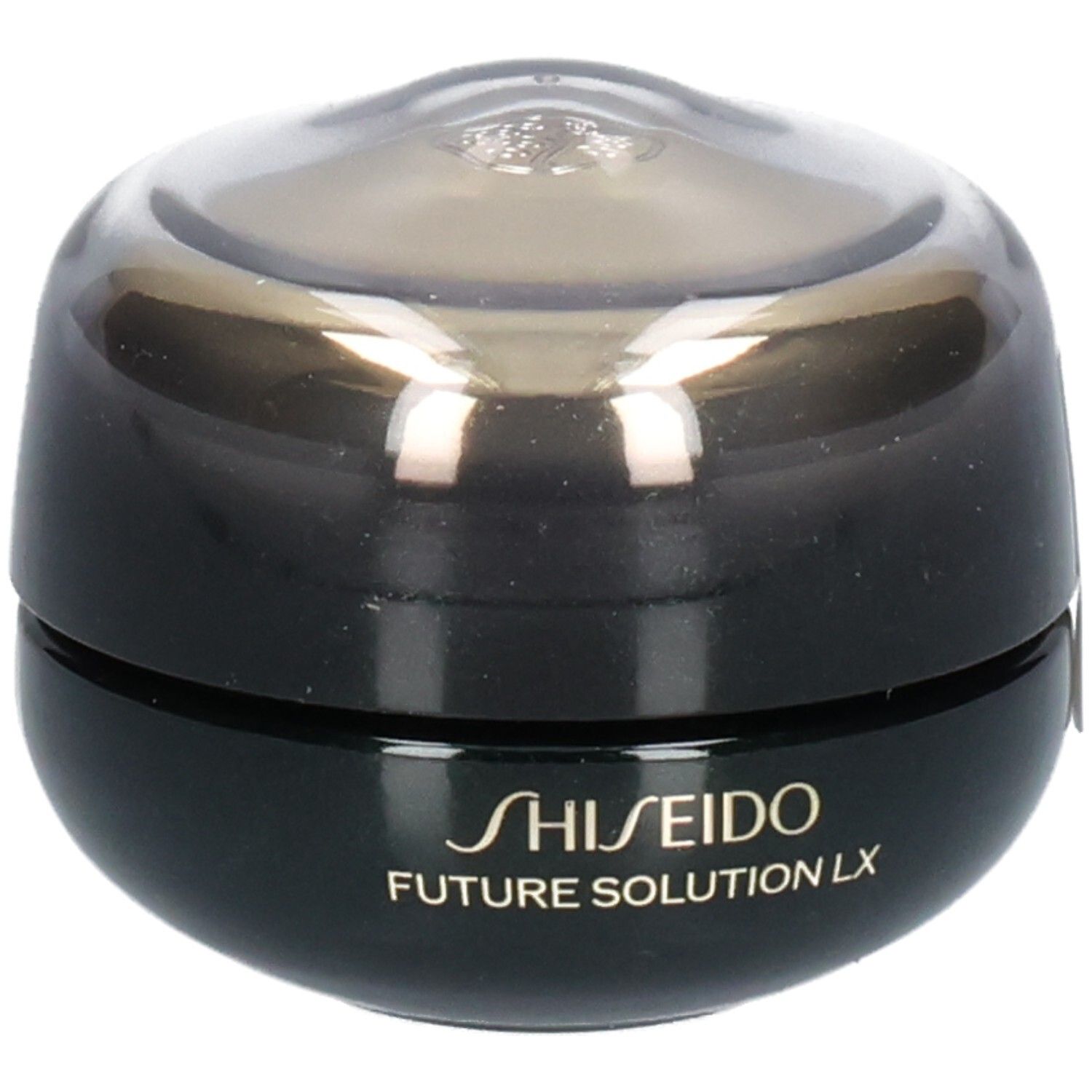 Shiseido Future Solution LX Augen- und Lippenkonturcreme, schwarzer Tiegel mit transparentem Deckel.