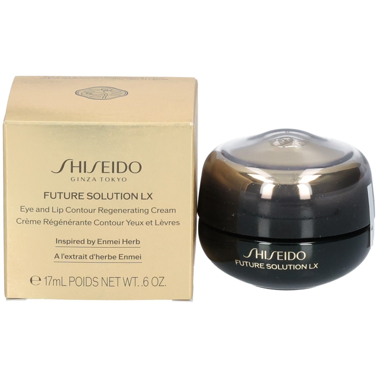 Shiseido Future Solution LX Augen- und Lippenkonturcreme im Tiegel neben der goldenen Verpackung.