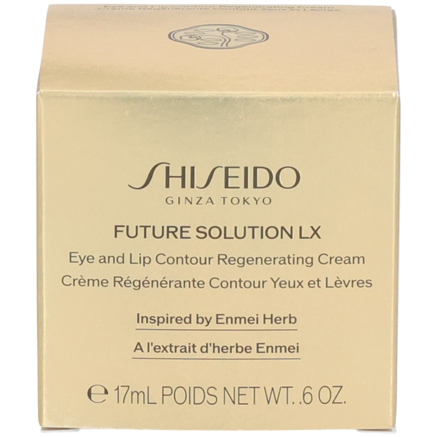 Shiseido Future Solution LX Eye and Lip Contour Regenerating Cream, goldene Verpackung mit Produktinformationen.