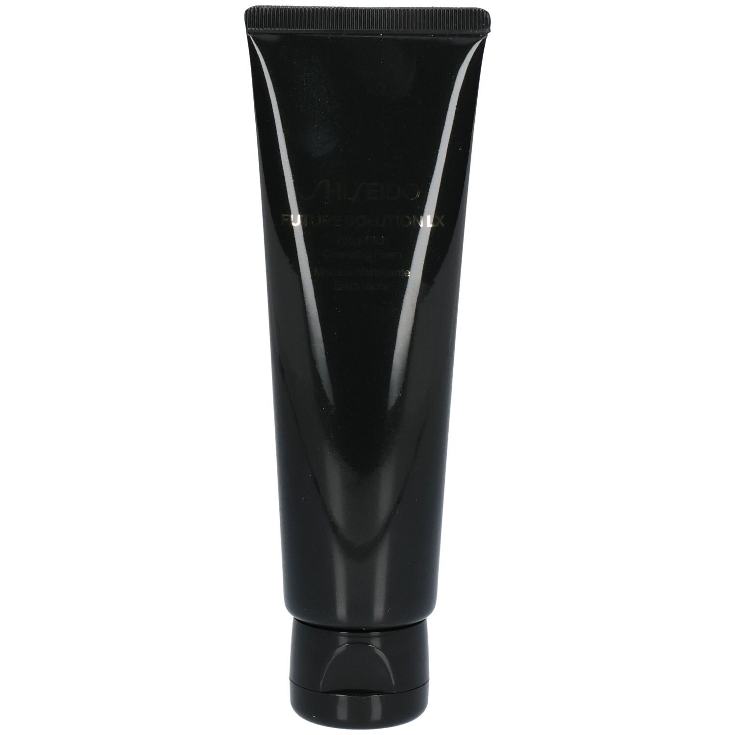 Schwarze Tube mit schwarzem Klappdeckel. Enthält Shiseido Future Solution LX Mousse Nettoyante Extra Riche S.