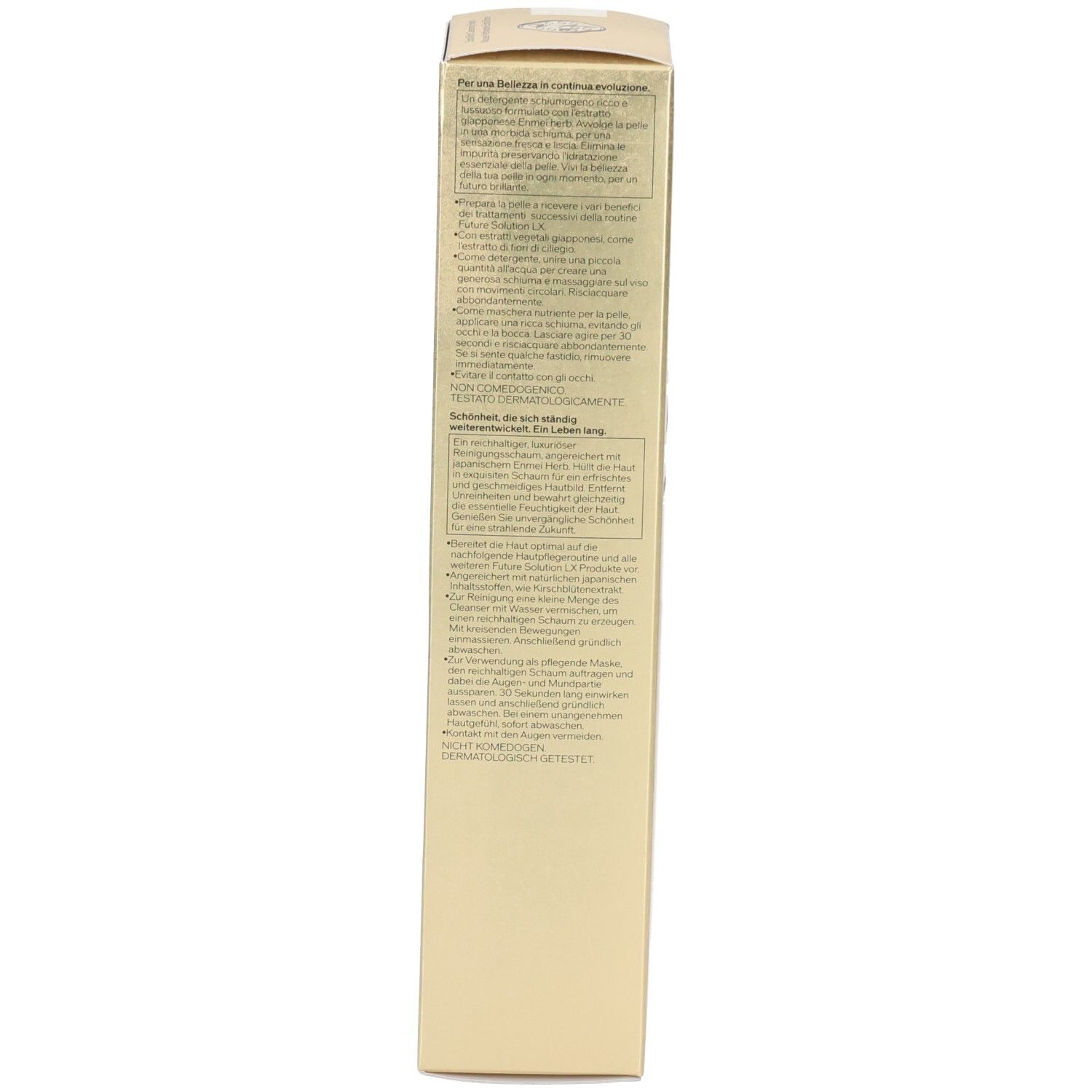 Seite der goldenen Shiseido Future Solution LX Verpackung mit detaillierten Produktinformationen.