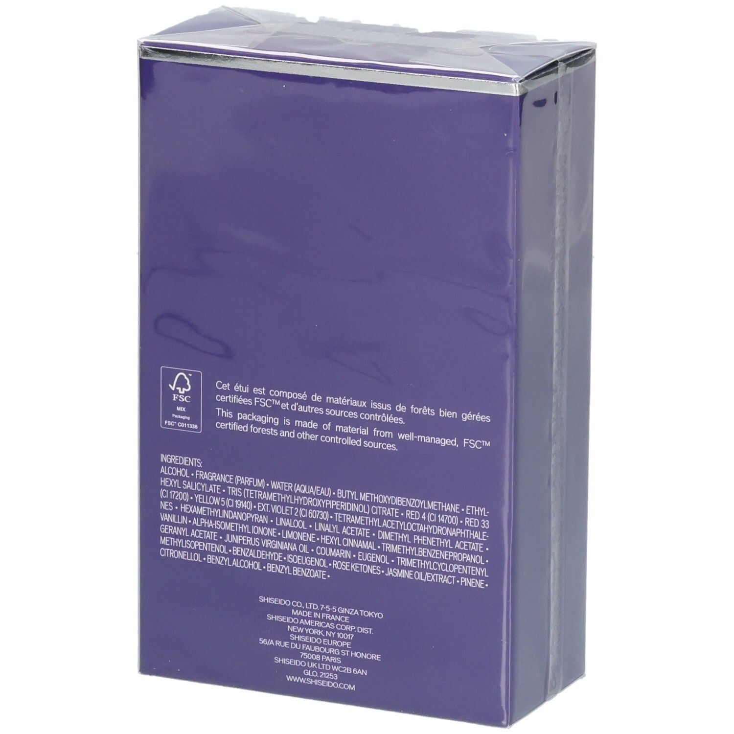 Rückseite einer violetten Shiseido Ginza Night Verpackung mit Inhaltsstoffen und FSC-Logo.