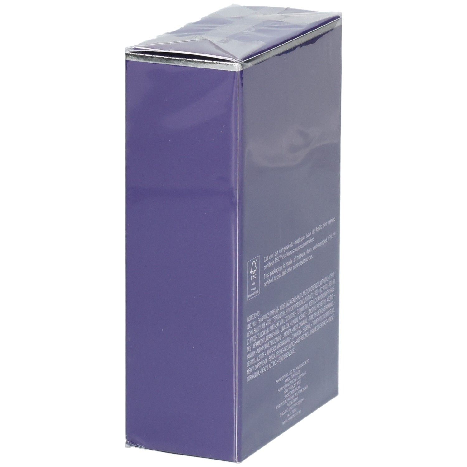 Lila Verpackung mit silbernem Rand, versiegelt.