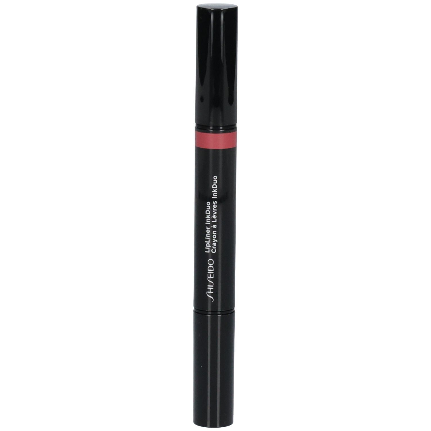 Shiseido Lipliner InkDuo Stift in Schwarz mit rosafarbenem Applikator.