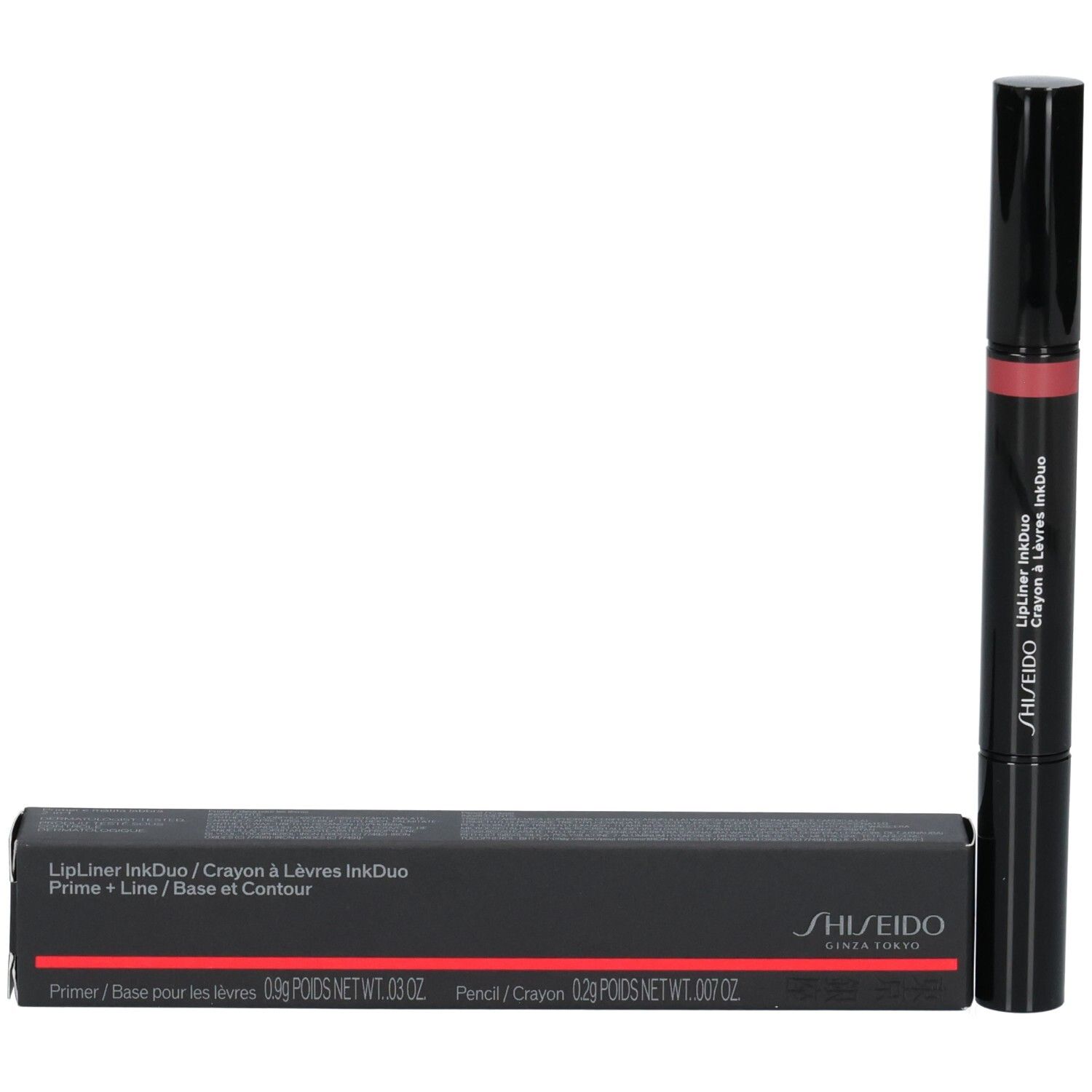 Shiseido LipLiner InkDuo Stift in dunklem Rosaton. Enthält Primer und Konturenstift.