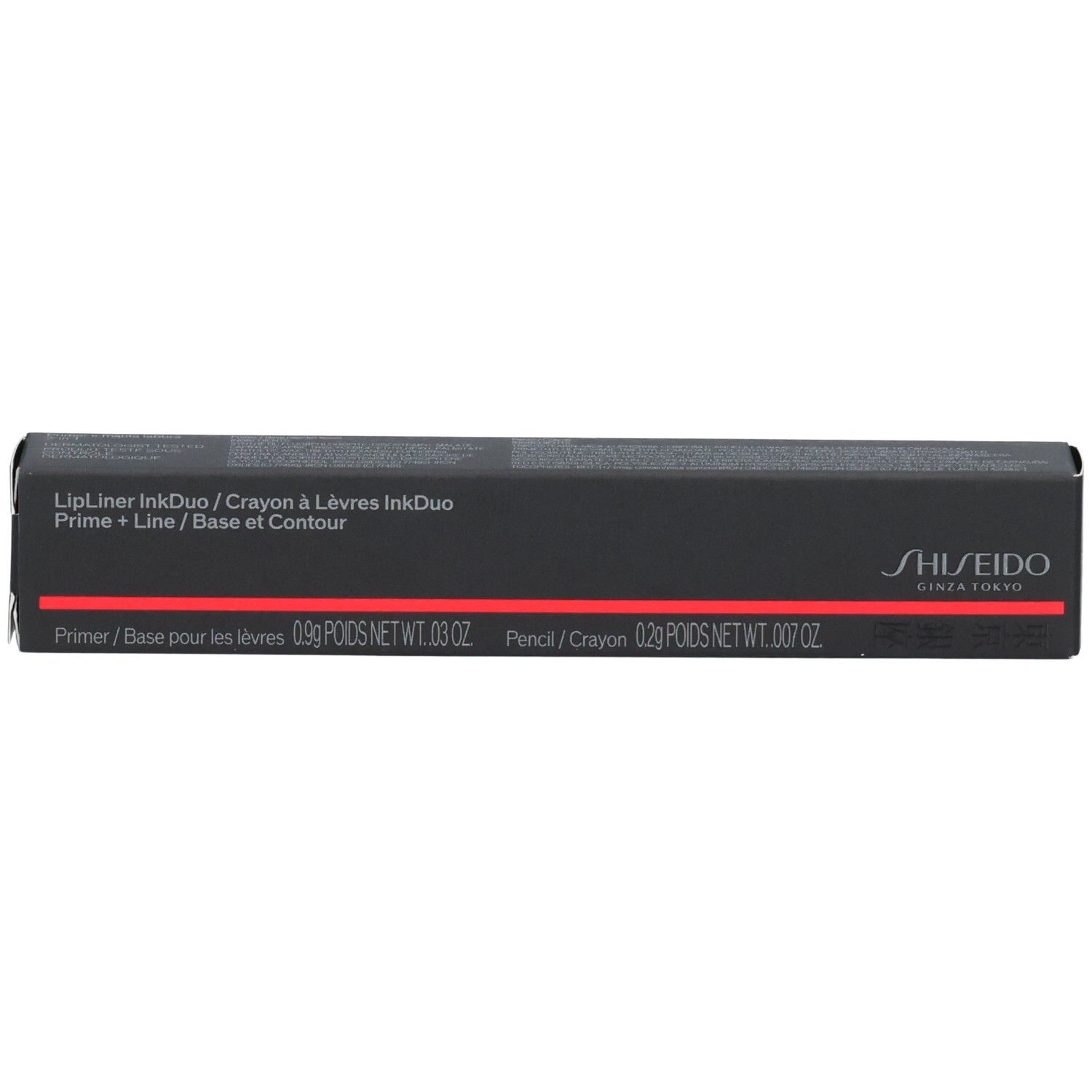 Shiseido Lipliner InkDuo Stift und Primer in schwarzer Verpackung.