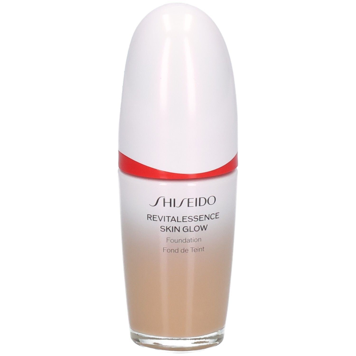 Shiseido Revitalessence Skin Glow Foundation in hellem Beige mit weißem Verschluss und rotem Akzent.