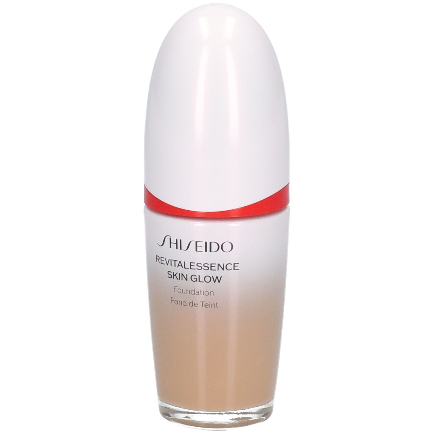 Shiseido Revitalessence Skin Glow Foundation in hellem Beige mit weißem Verschluss und rotem Akzent.