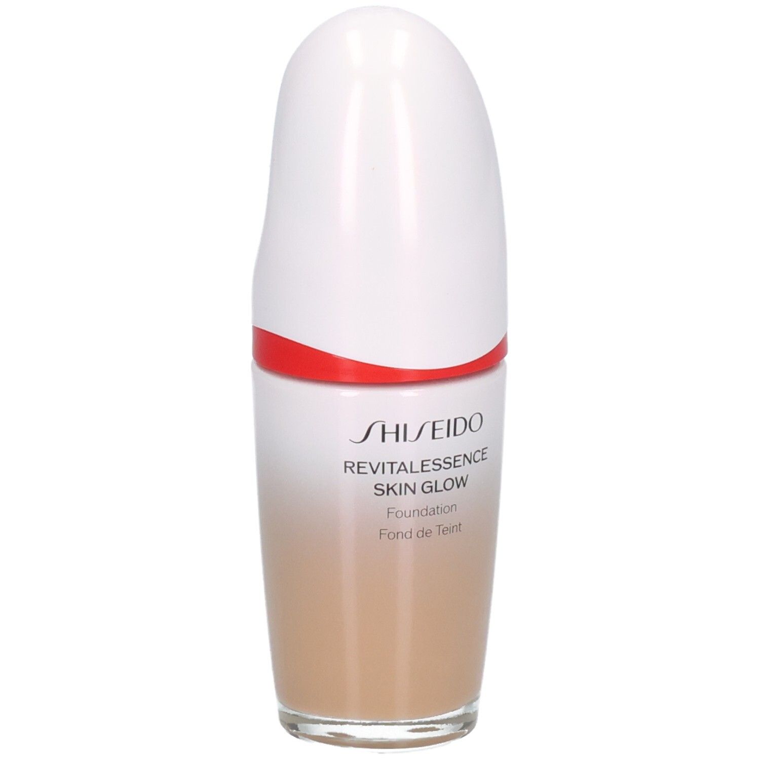 Shiseido Revitalessence Skin Glow Foundation in hellem Beige mit weißem Verschluss und rotem Akzent.