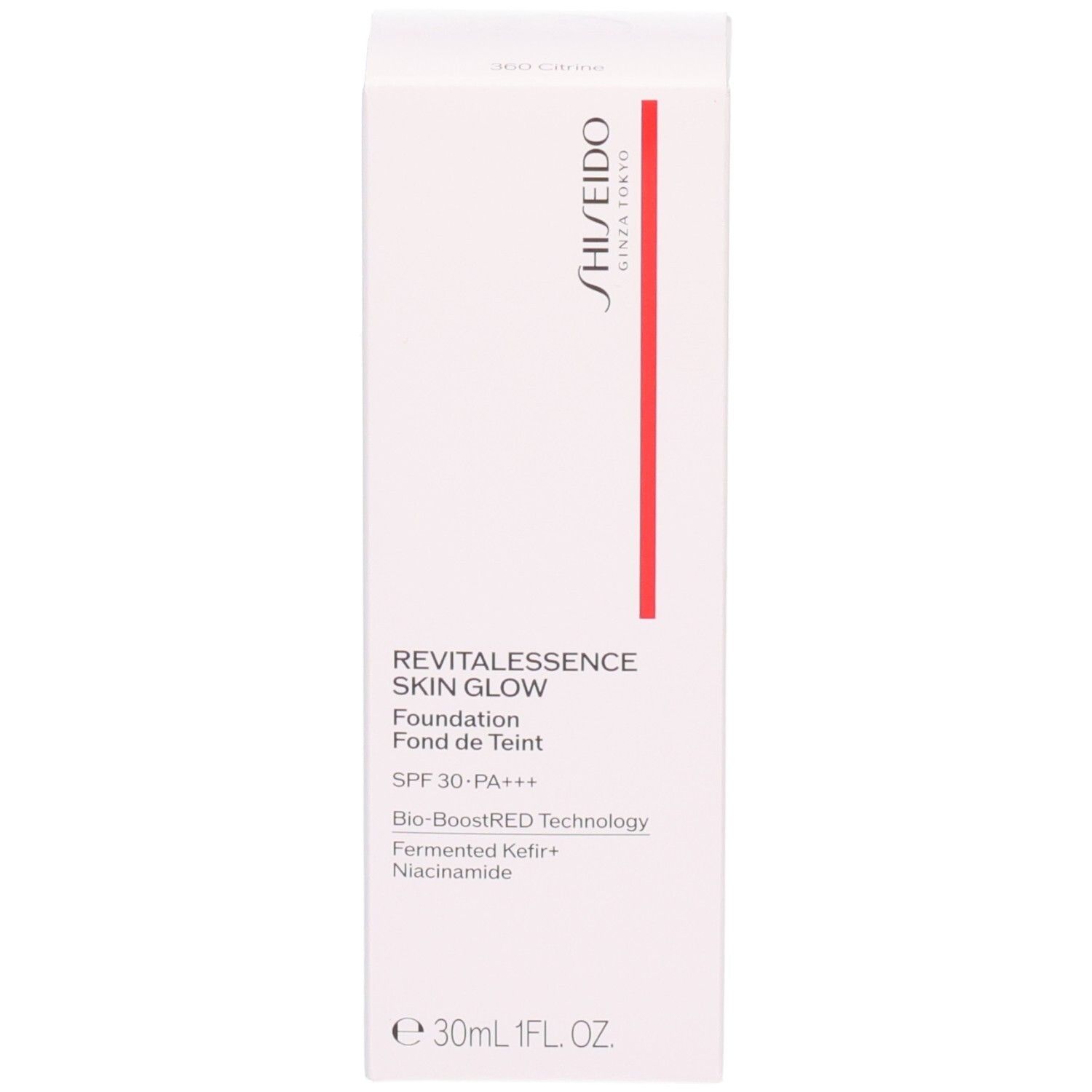 Verpackung der Shiseido Revitalessence Skin Glow Foundation. Enthält SPF 30, Bio-BoostRED Technology, Fermented Kefir+, Niacinamide.
