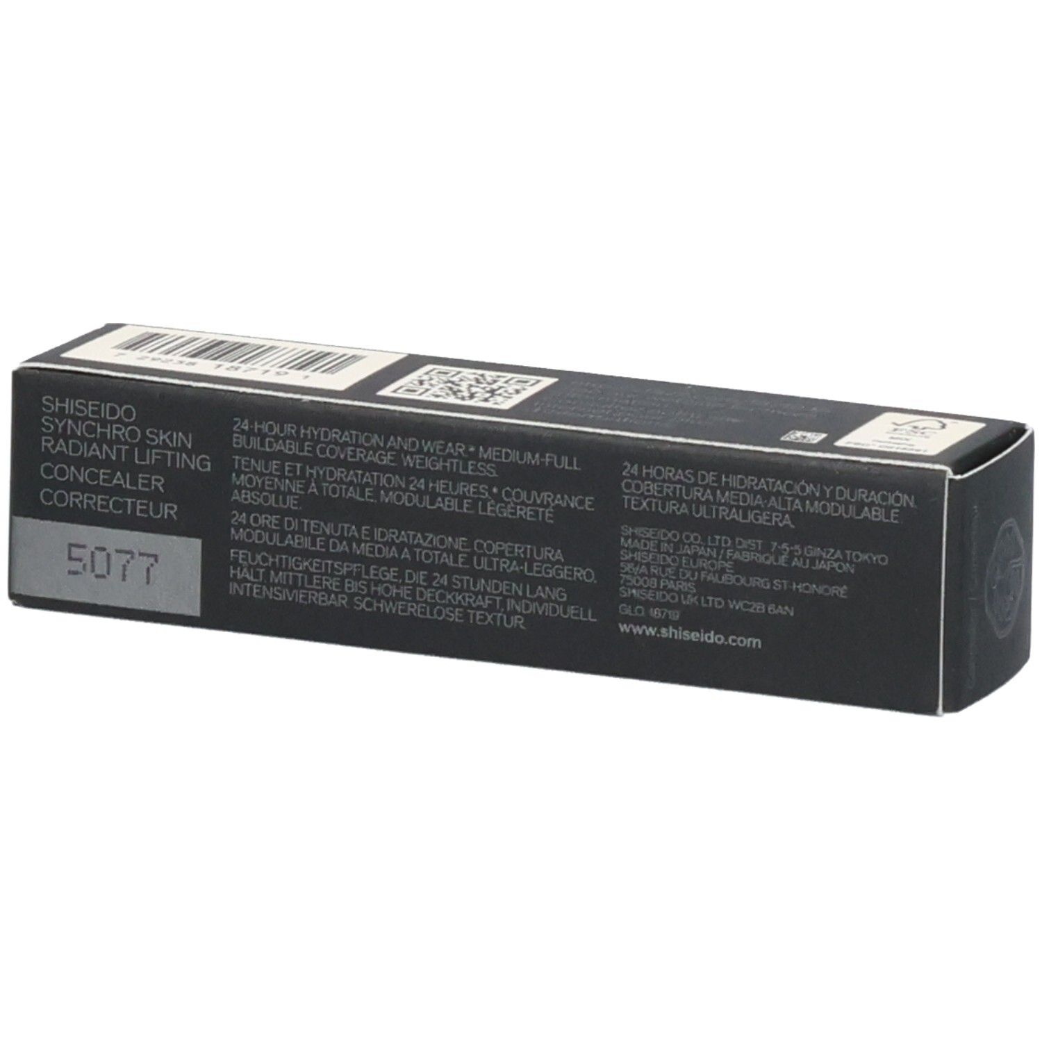 Shiseido Synchro Skin Radiant Lifting Corrector, Farbton 5077, auf schwarzer Verpackung.