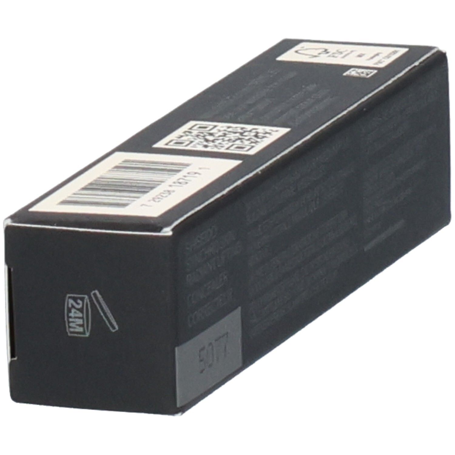 Schwarze rechteckige Verpackung mit Barcode und QR-Code. Symbol für 24 Monate Haltbarkeit nach dem Öffnen.
