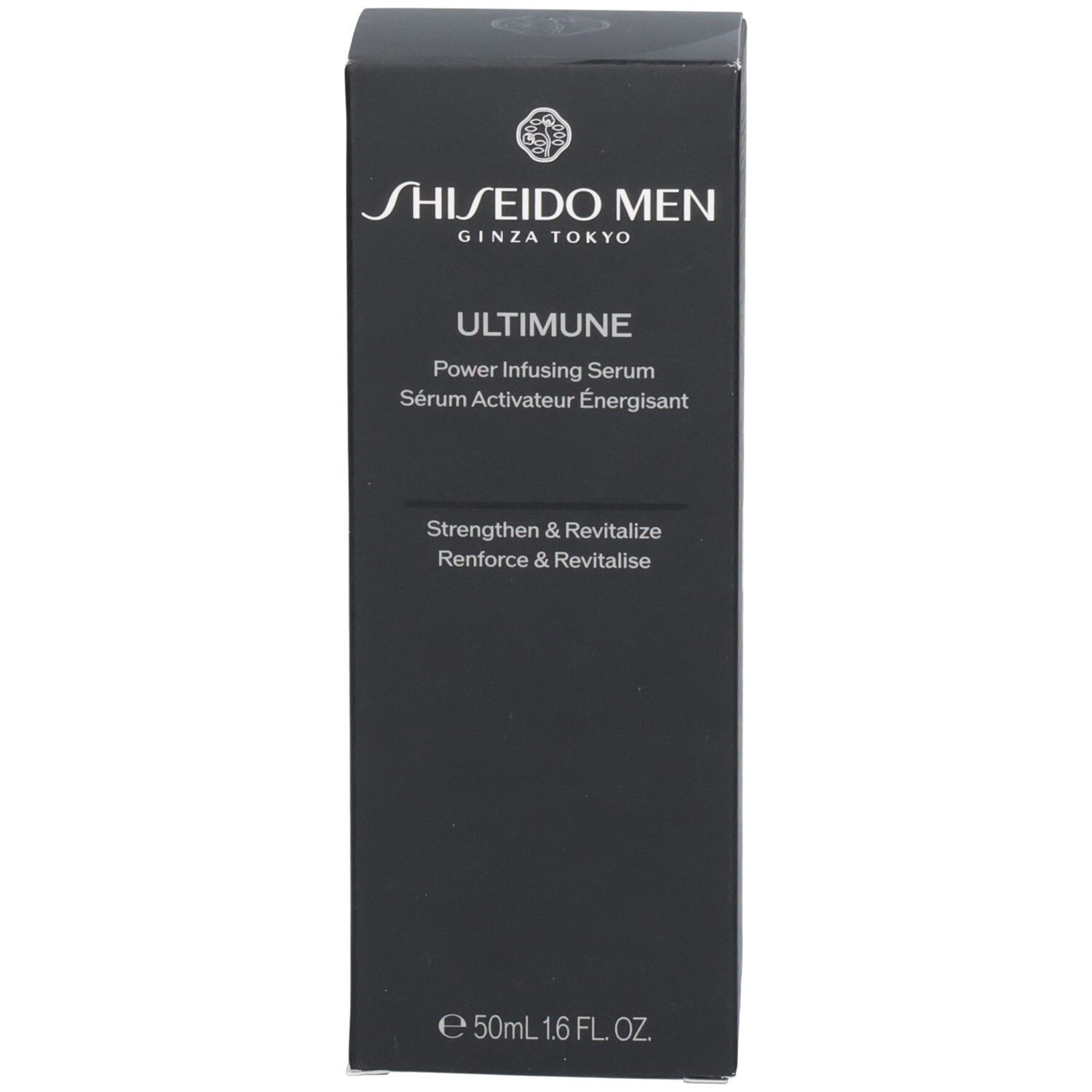 Schwarze Shiseido Men Ultimune Power Infusing Serum Produktverpackung mit Text.