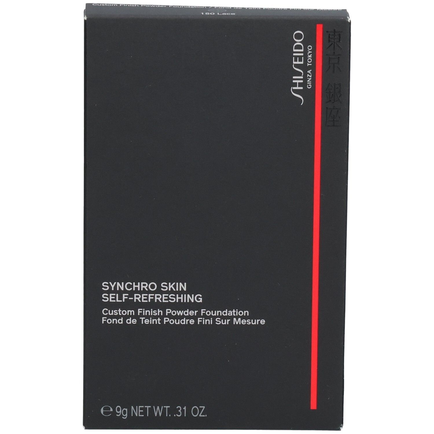 Vorderseite der SHISEIDO Synchro Skin Puder-Foundation-Verpackung, 9g.