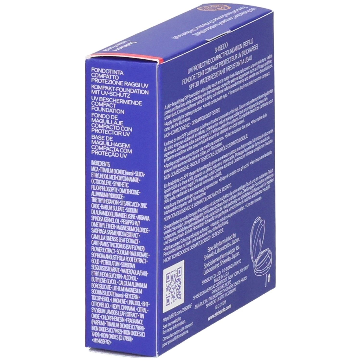 Rückseite einer Shiseido Kompakt-Foundation-Nachfüllpackung mit Produktinformationen.