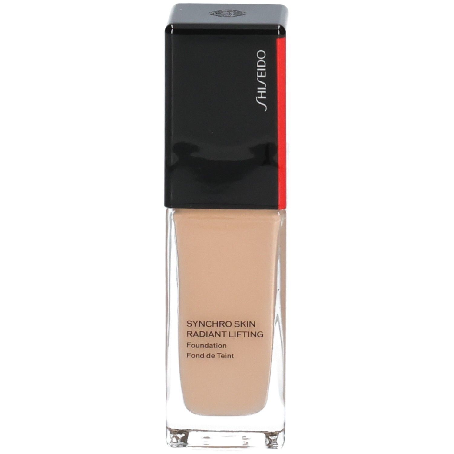 Shiseido Synchro Skin Radiant Lifting Foundation in Glasflasche mit schwarzem Deckel.