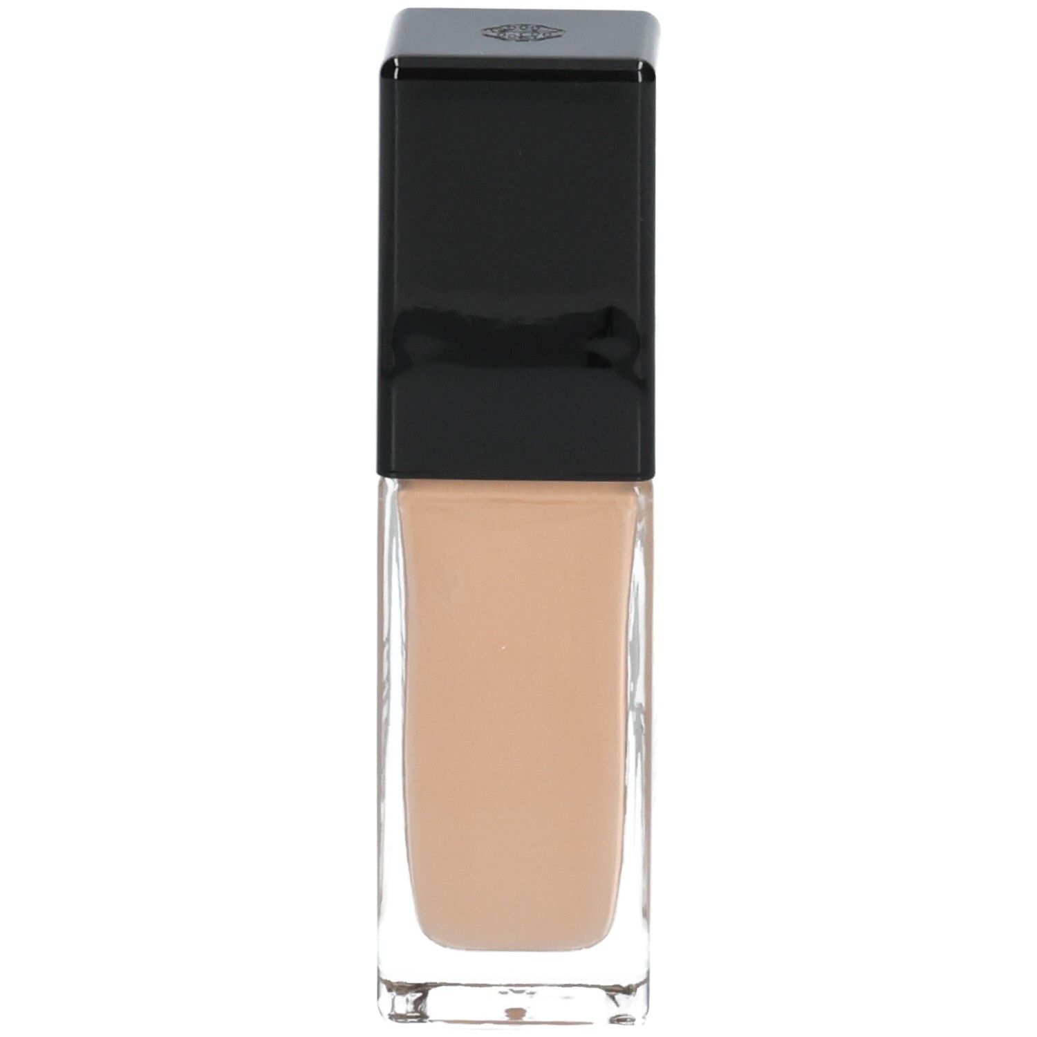 Shiseido Synchro Skin Radiant Lifting Foundation, Glasflasche mit schwarzem Deckel, Vorderansicht.