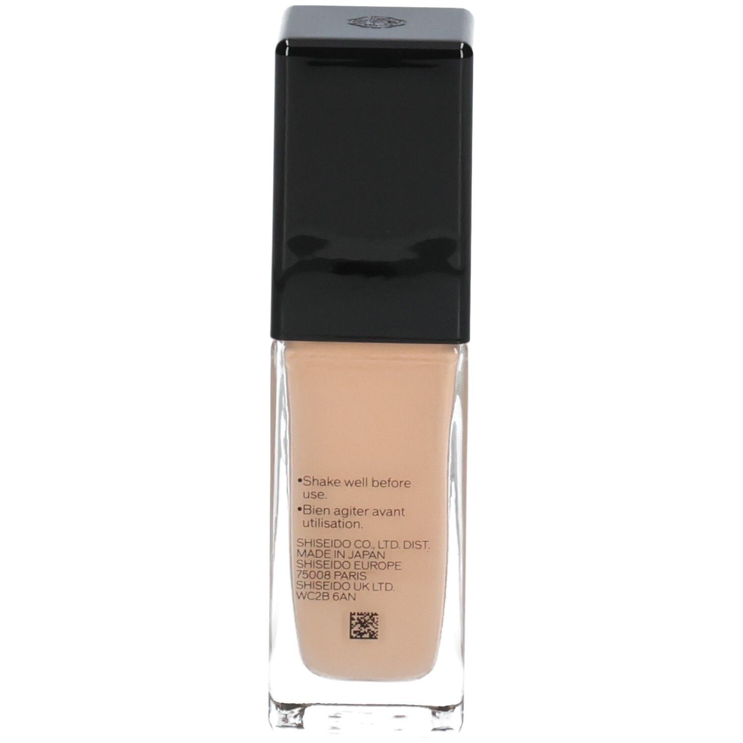 Rückseite der Shiseido Synchro Skin Radiant Lifting Foundation Flasche mit Anwendungshinweisen.