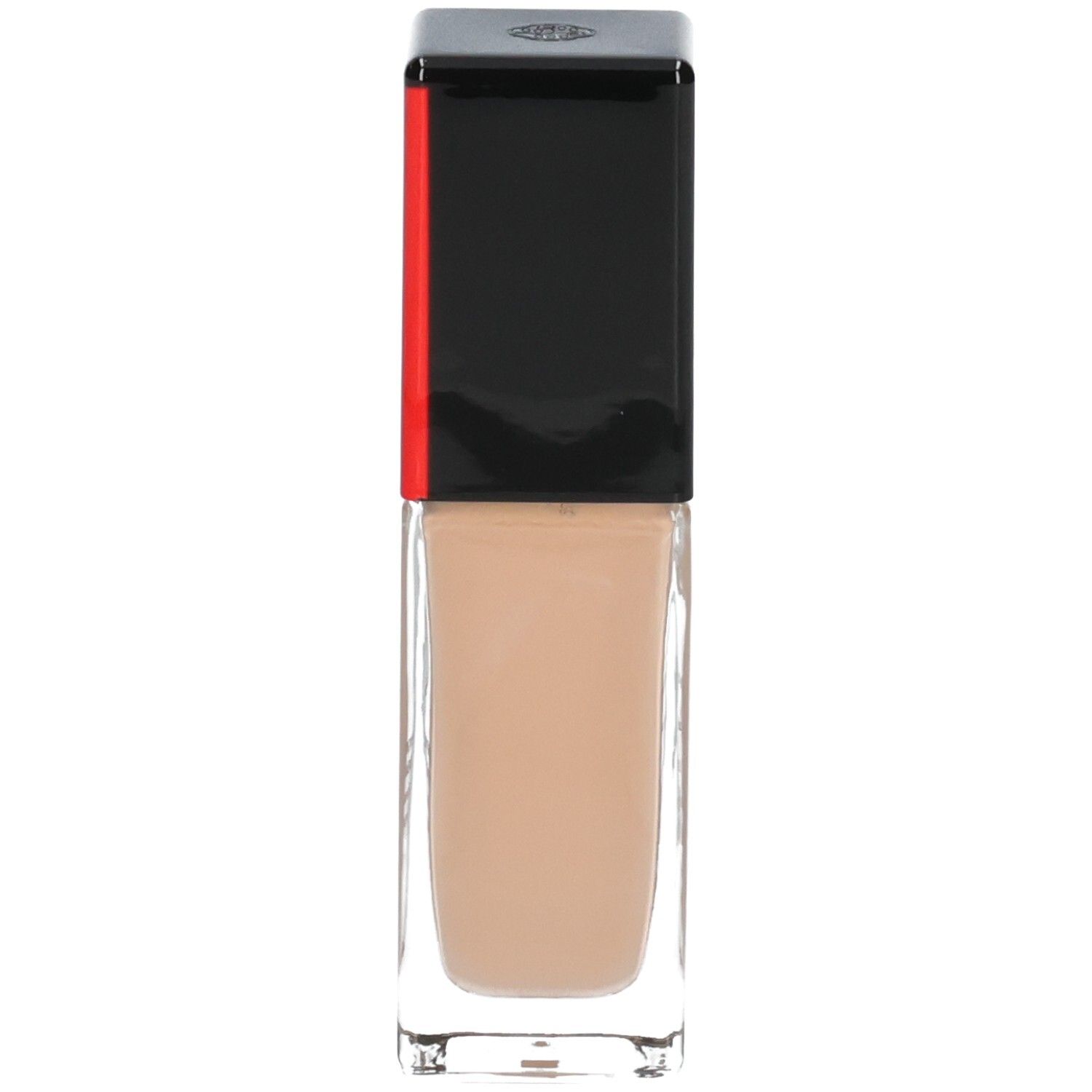 Shiseido Synchro Skin Radiant Lifting Foundation, Glasflasche mit schwarzem und rotem Deckel.