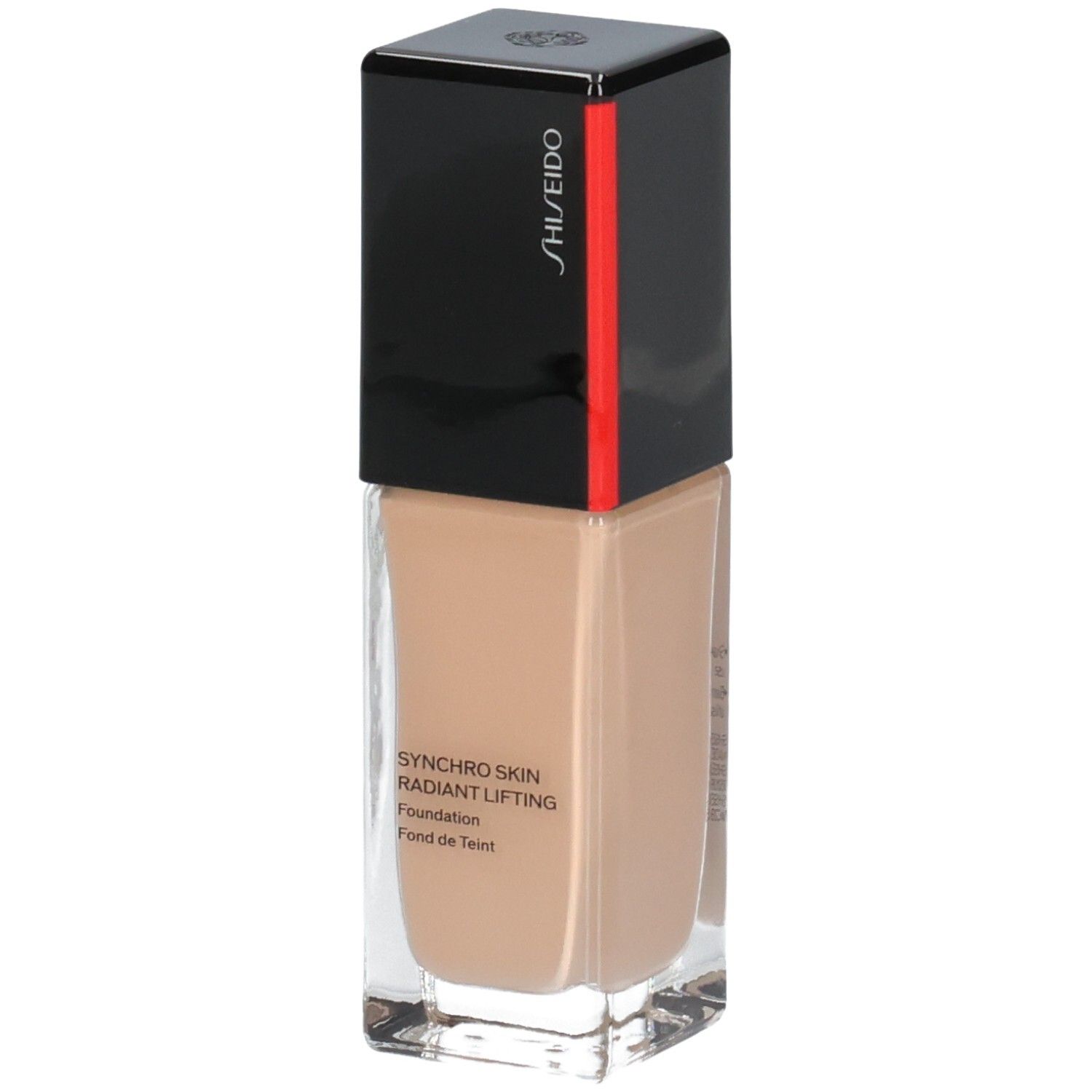 Shiseido Synchro Skin Radiant Lifting Foundation, Glasflasche mit schwarzem und rotem Deckel, leichte Drehung.