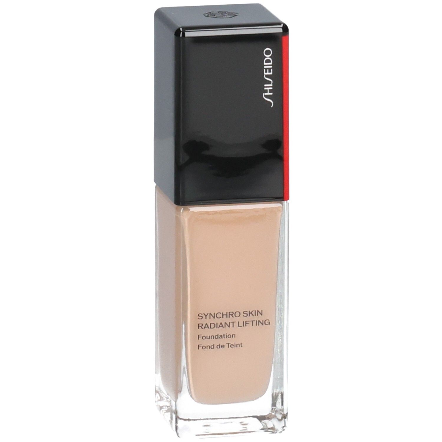 Shiseido Synchro Skin Radiant Lifting Foundation, Glasflasche mit schwarzem und rotem Deckel, leichte Drehung.