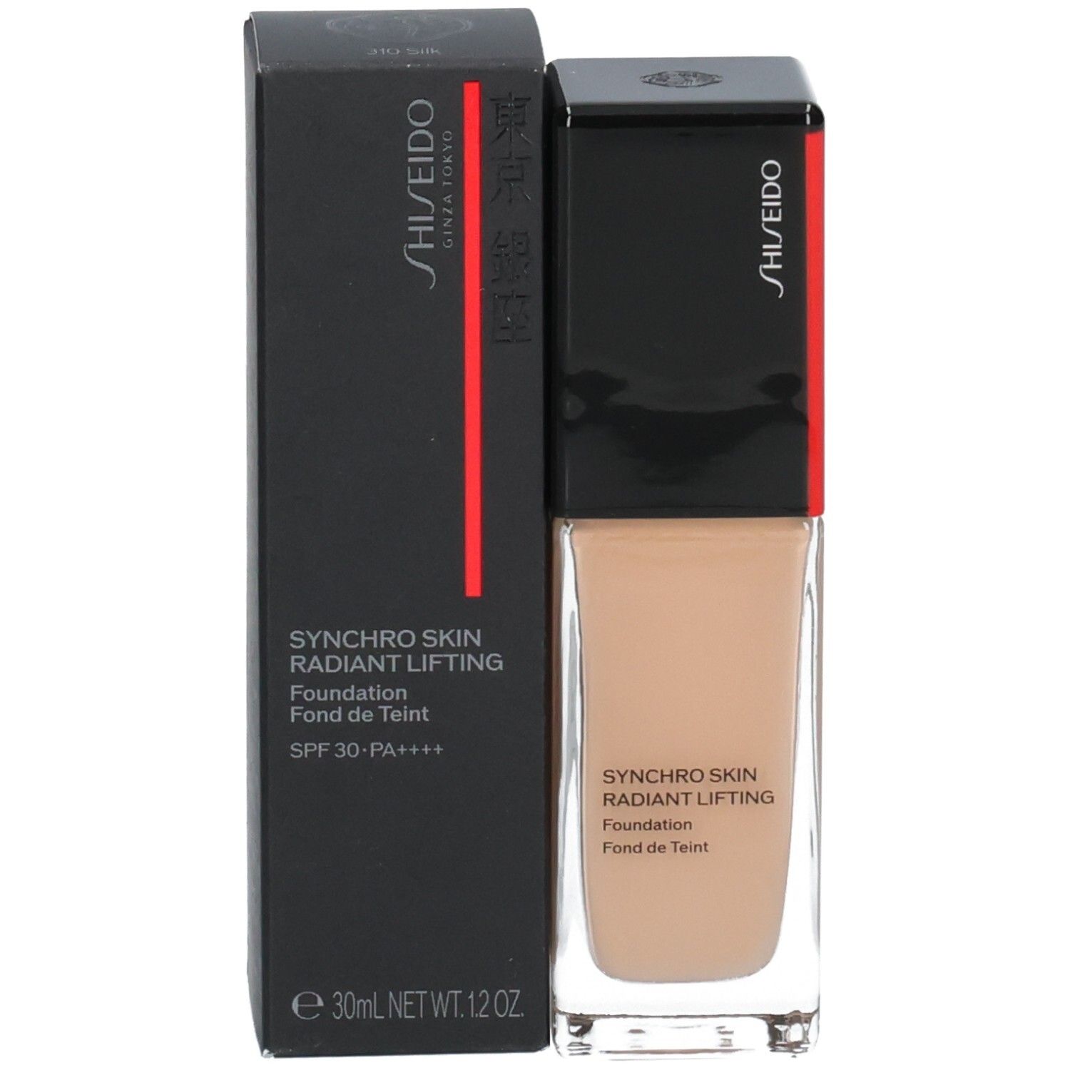 Shiseido Synchro Skin Radiant Lifting Foundation mit Verpackung, SPF 30.