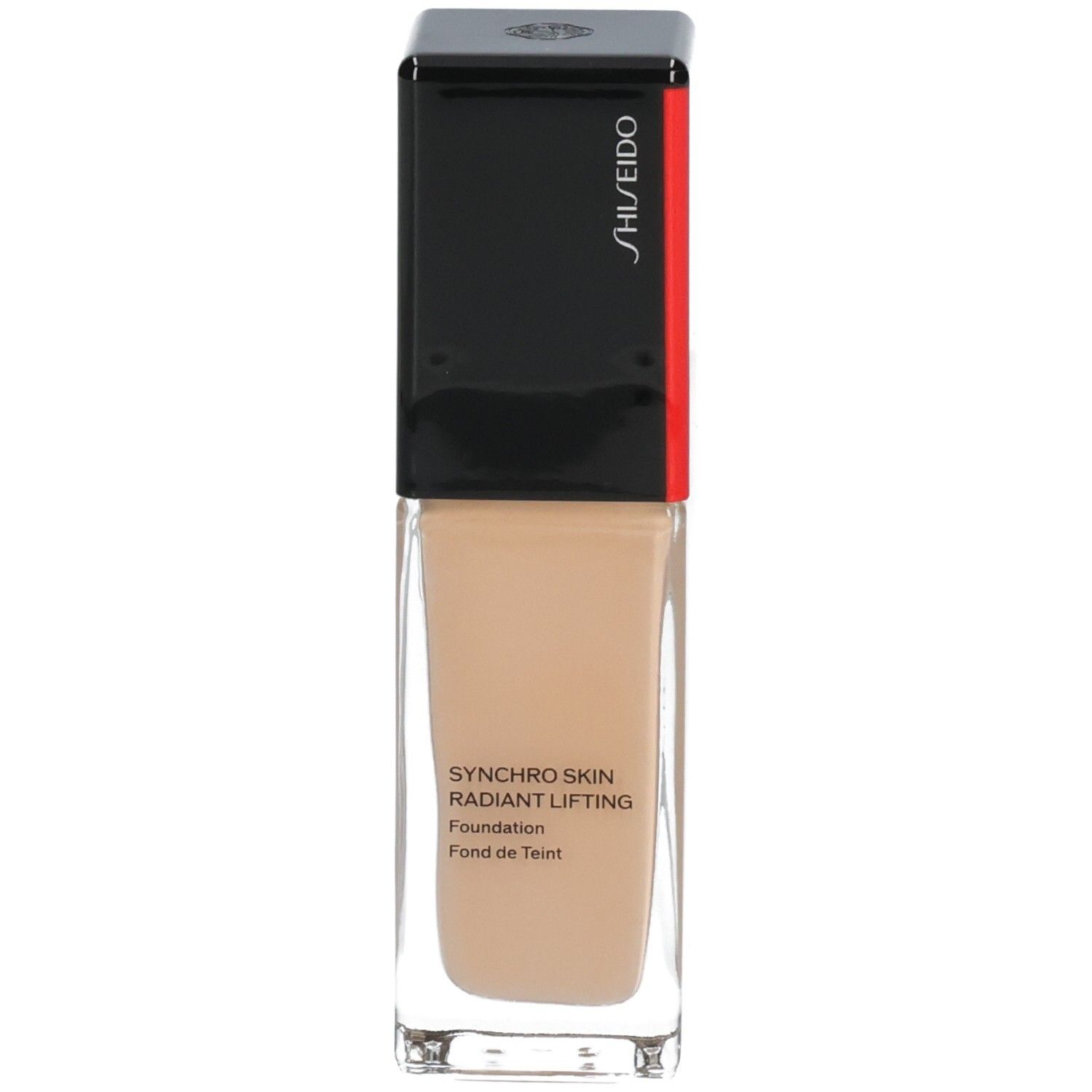 Shiseido Synchro Skin Radiant Lifting Foundation, Farbton 330. Glasflasche mit schwarzem Deckel.