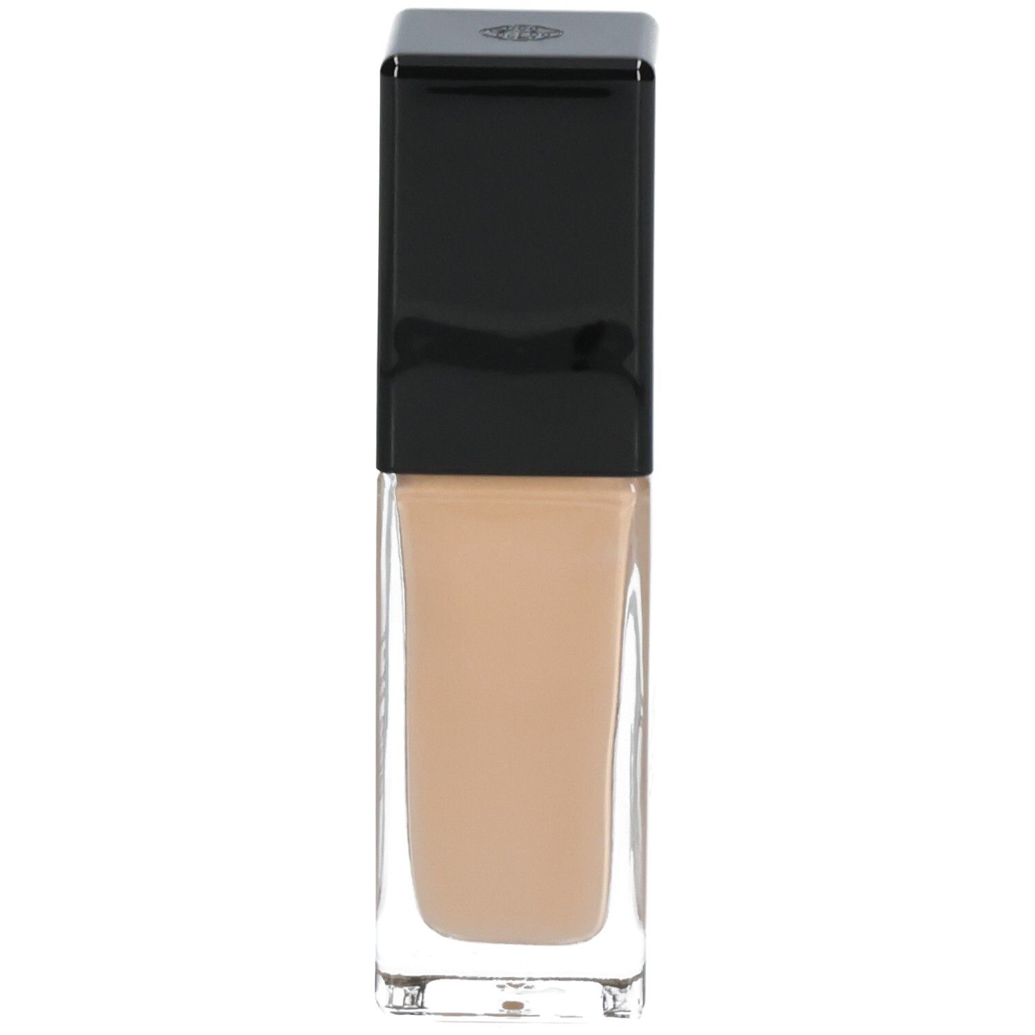 Shiseido Synchro Skin Radiant Lifting Foundation, Farbton 330. Glasflasche mit schwarzem Deckel, Vorderansicht.