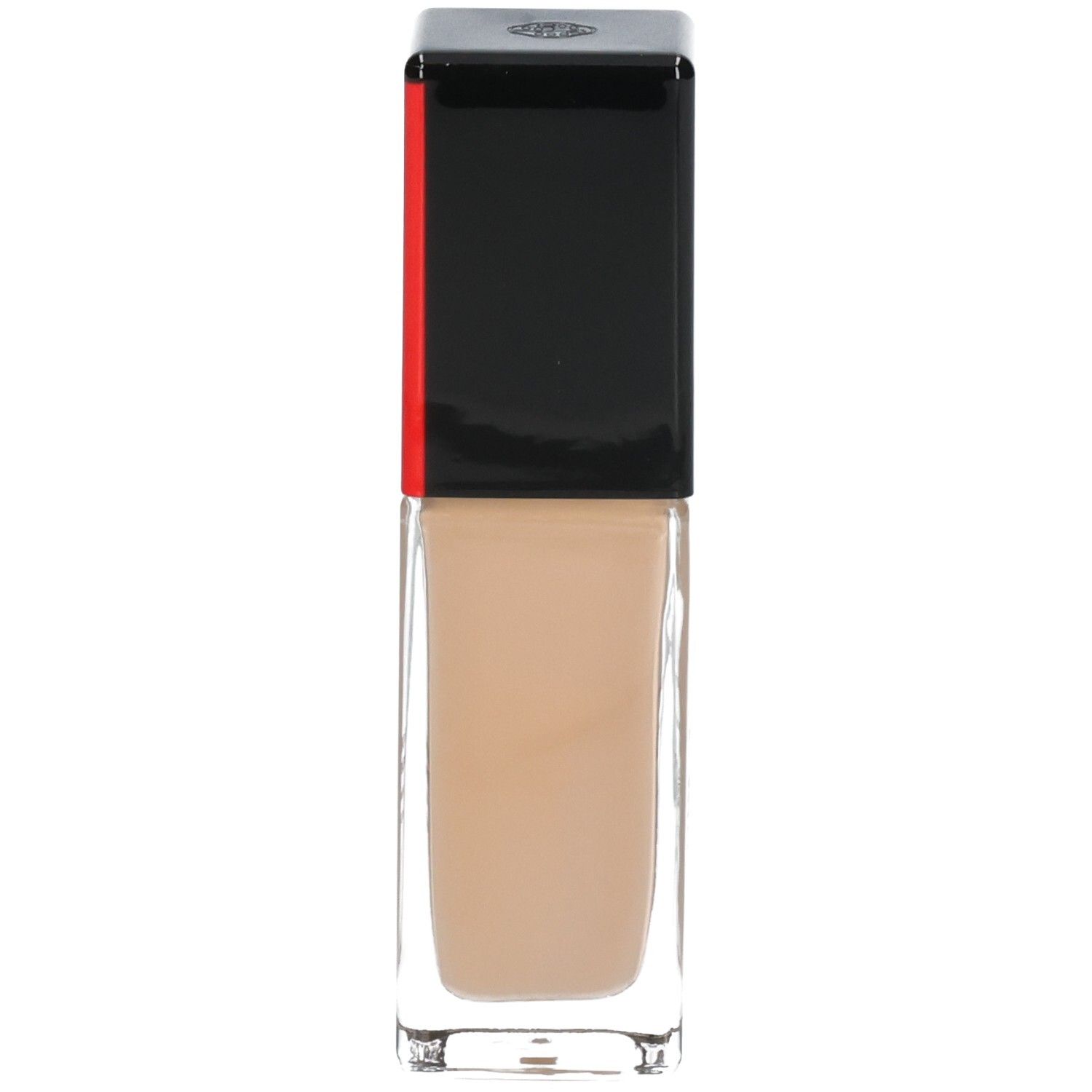 Shiseido Synchro Skin Radiant Lifting Foundation, Farbton 330. Glasflasche mit schwarzem Deckel und rotem Akzent.