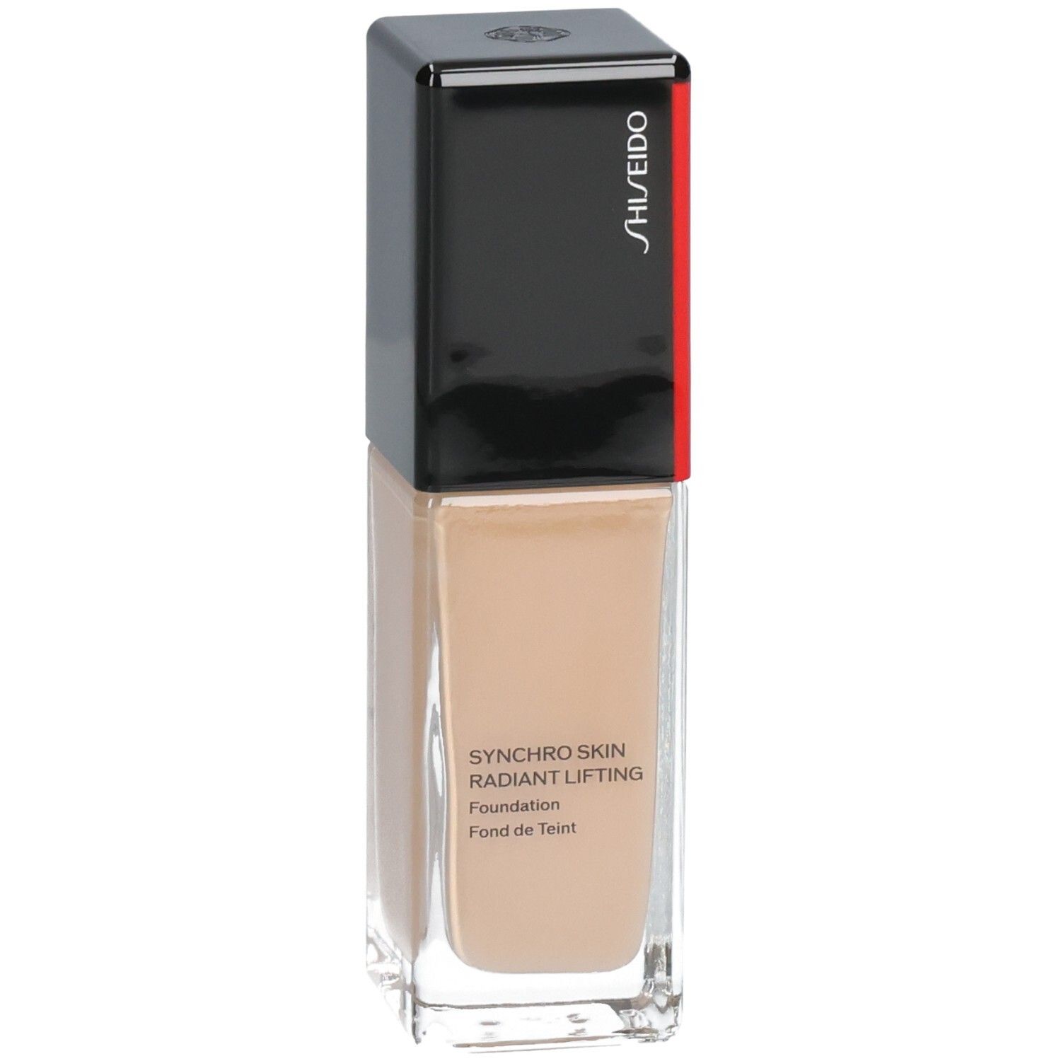 Shiseido Synchro Skin Radiant Lifting Foundation, Farbton 330. Glasflasche mit schwarzem Deckel und rotem Akzent.