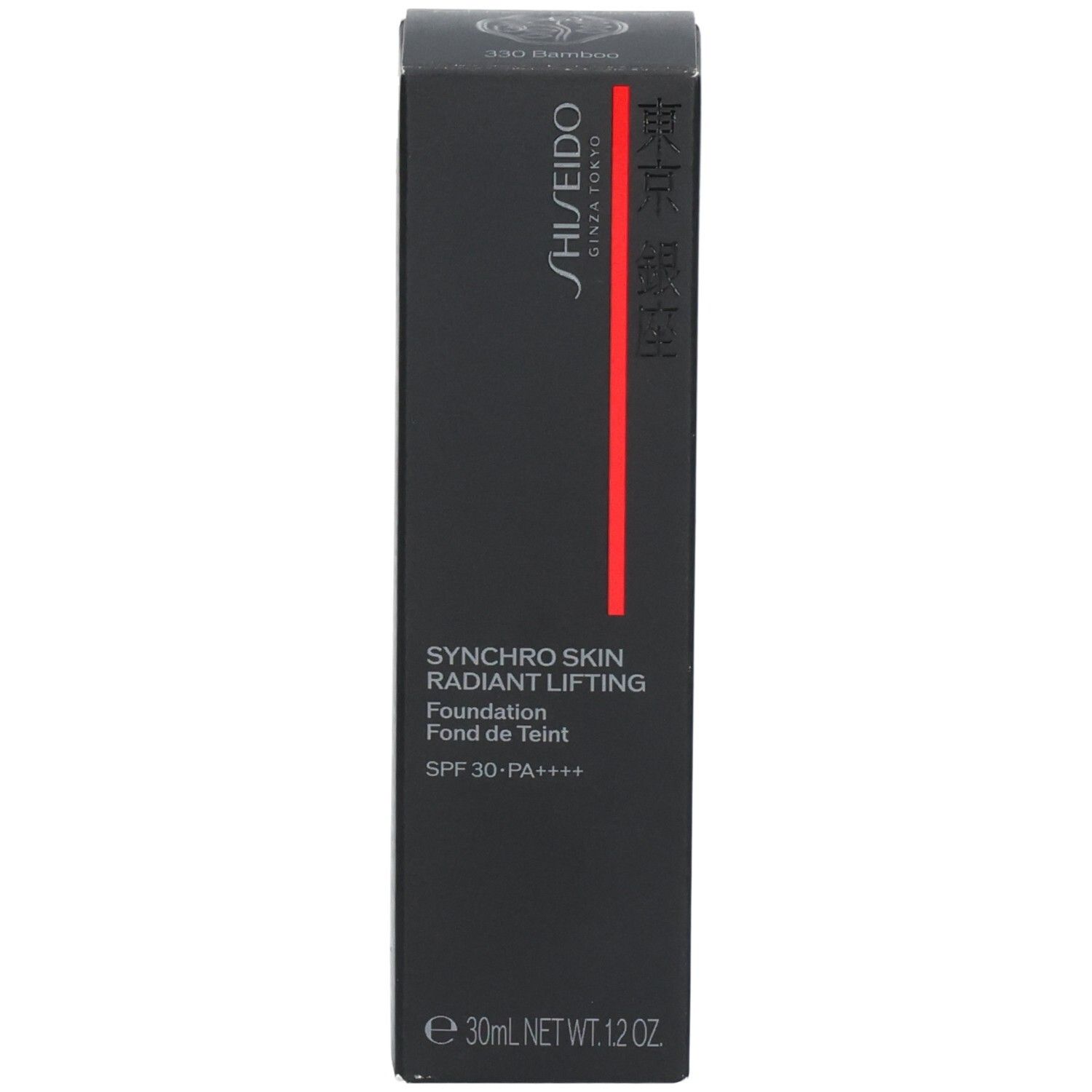 Verpackung der Shiseido Synchro Skin Radiant Lifting Foundation. Enthält Produktinformationen und SPF 30-PA++++.
