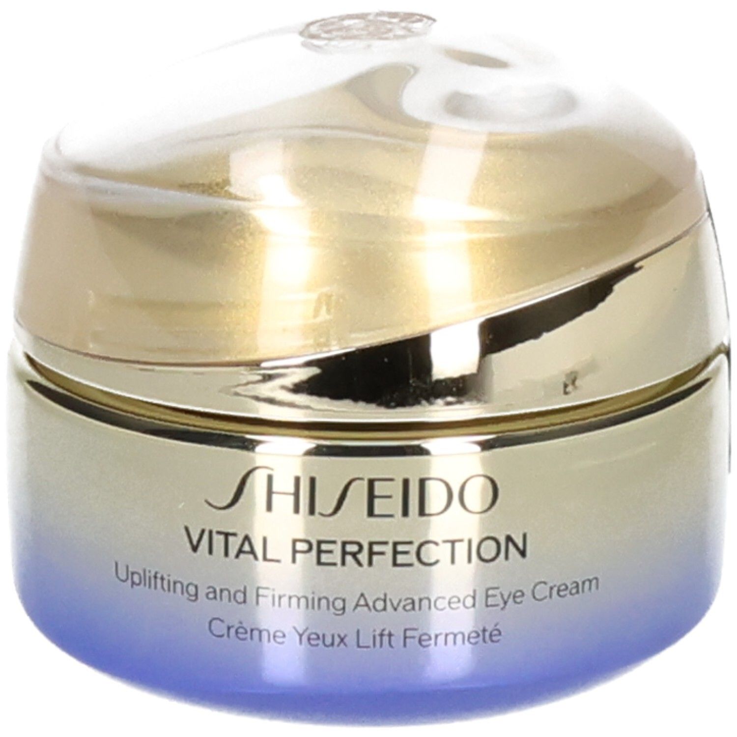 Shiseido Vital Perfection Augencreme-Tiegel mit goldenem Deckel und blau-verlaufendem Körper.
