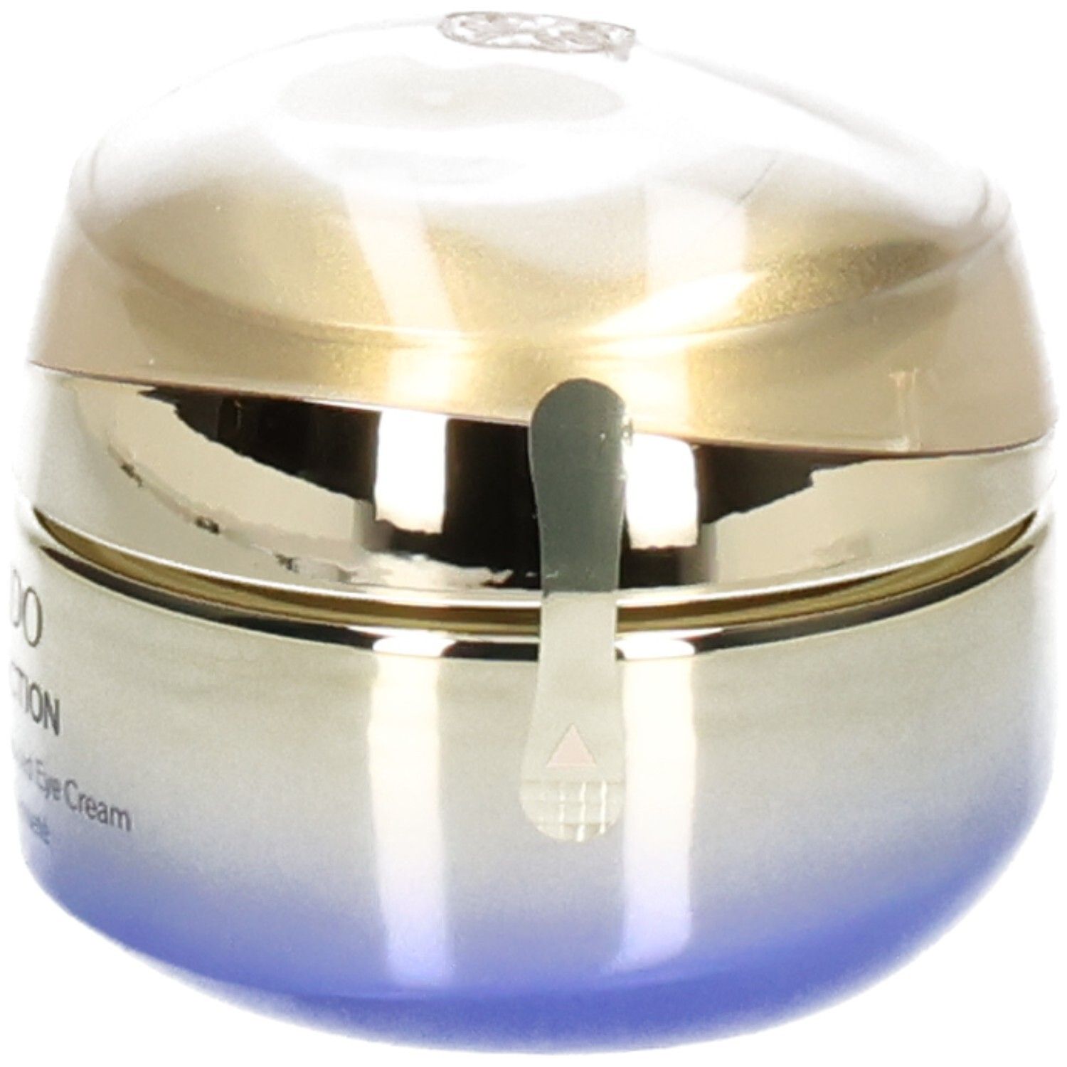 Shiseido Vital Perfection Augencreme-Tiegel, mit Siegel, goldener Deckel, blau-verlaufender Körper.