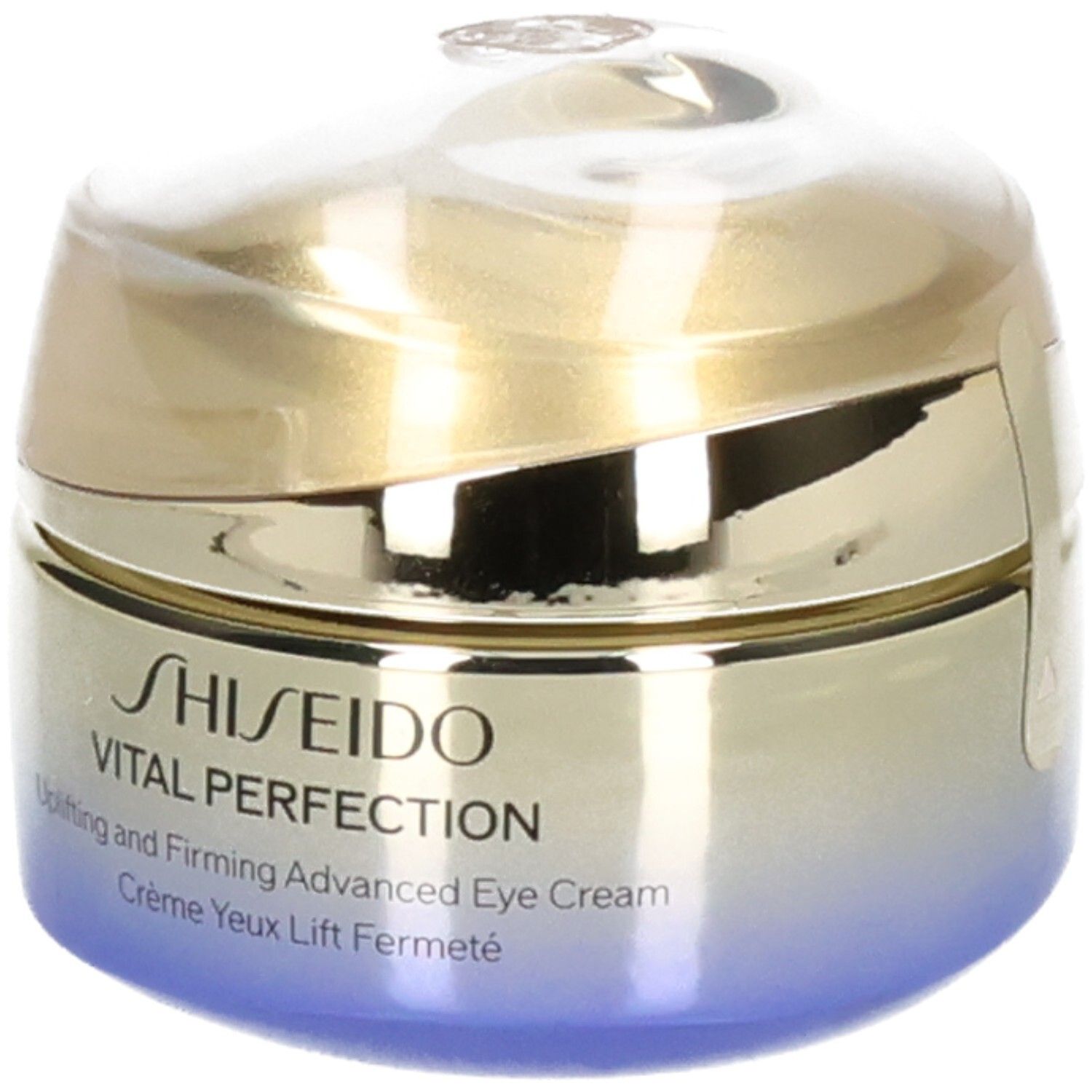 Shiseido Vital Perfection Augencreme-Tiegel, goldener Deckel, blau-verlaufender Körper.