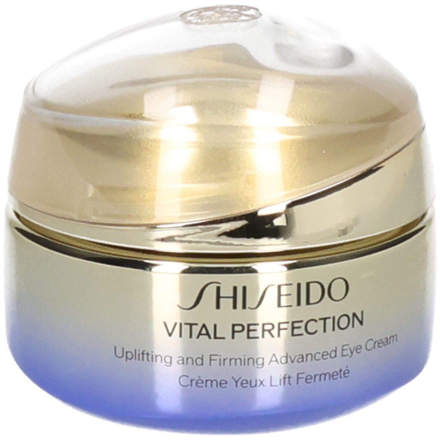 Shiseido Vital Perfection Augencreme-Tiegel, goldener Deckel, blau-verlaufender Körper.