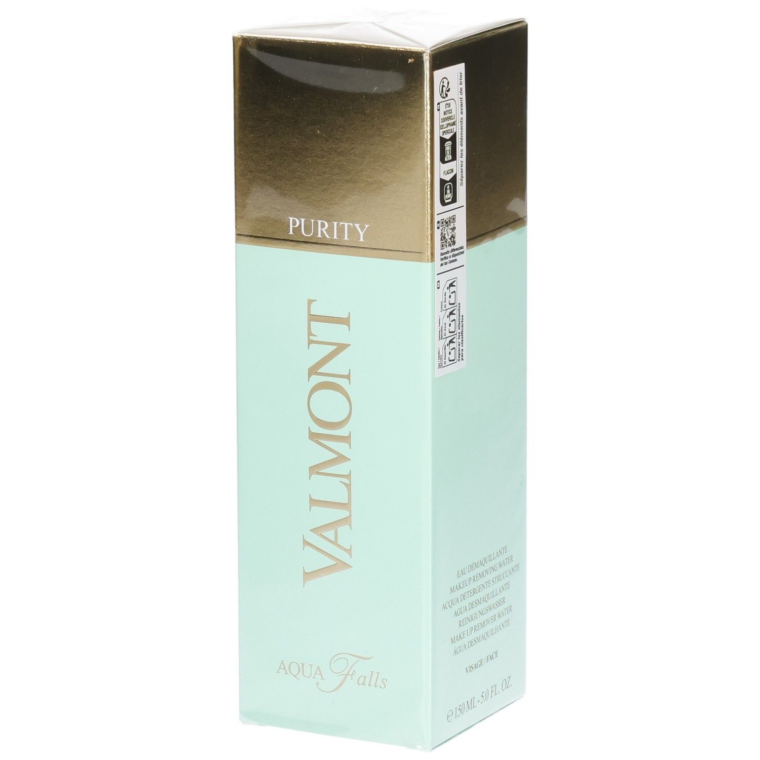 Valmont Aqua Falls Verpackung mit goldener und mintgrüner Oberseite. Enthält Text und Siegel.