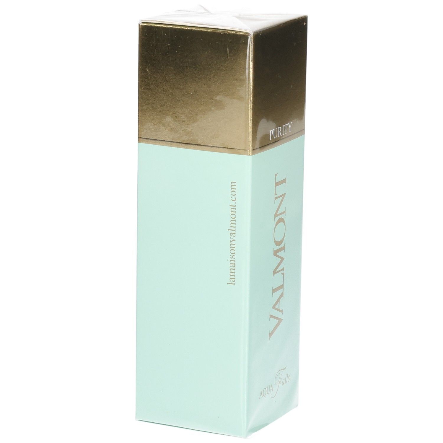 Valmont Aqua Falls Verpackung mit mintgrünem Körper und goldener Oberseite. Enthält Website-Adresse.