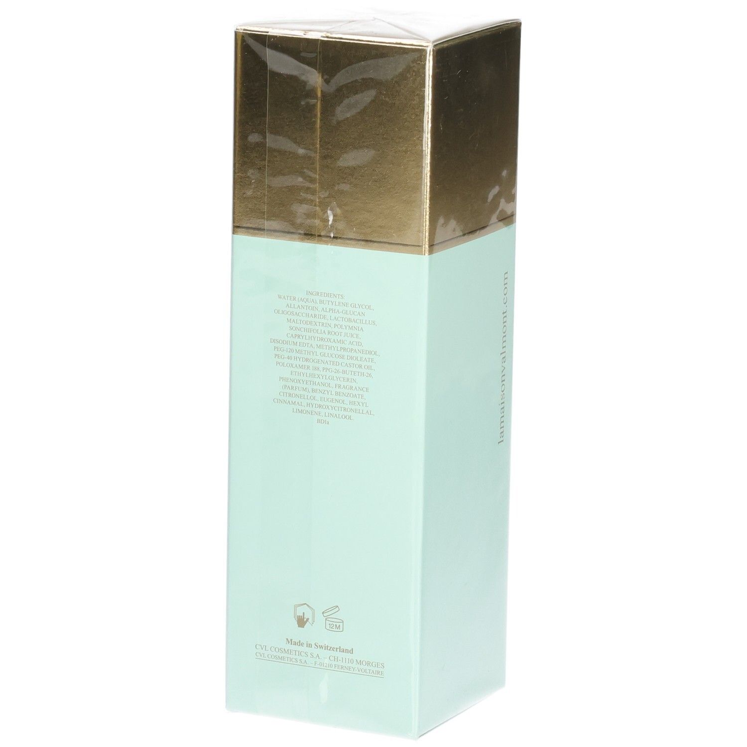 Rückseite der Valmont Aqua Falls Verpackung mit Inhaltsstoffen und Siegeln. Mintgrüner Körper, goldene Oberseite.