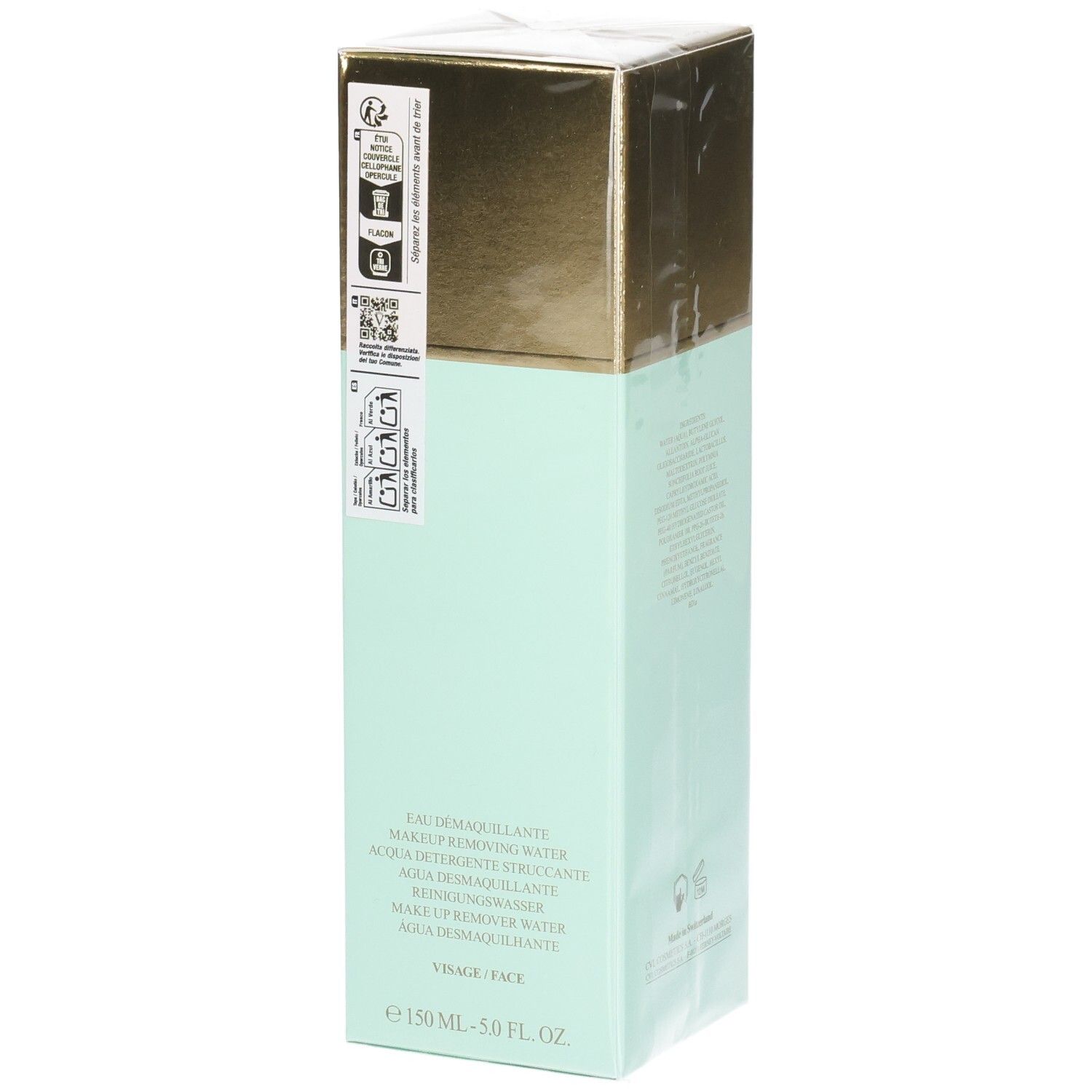 Valmont Aqua Falls Verpackung mit Siegeln und Produktinformationen. Mintgrüner Körper, goldene Oberseite.