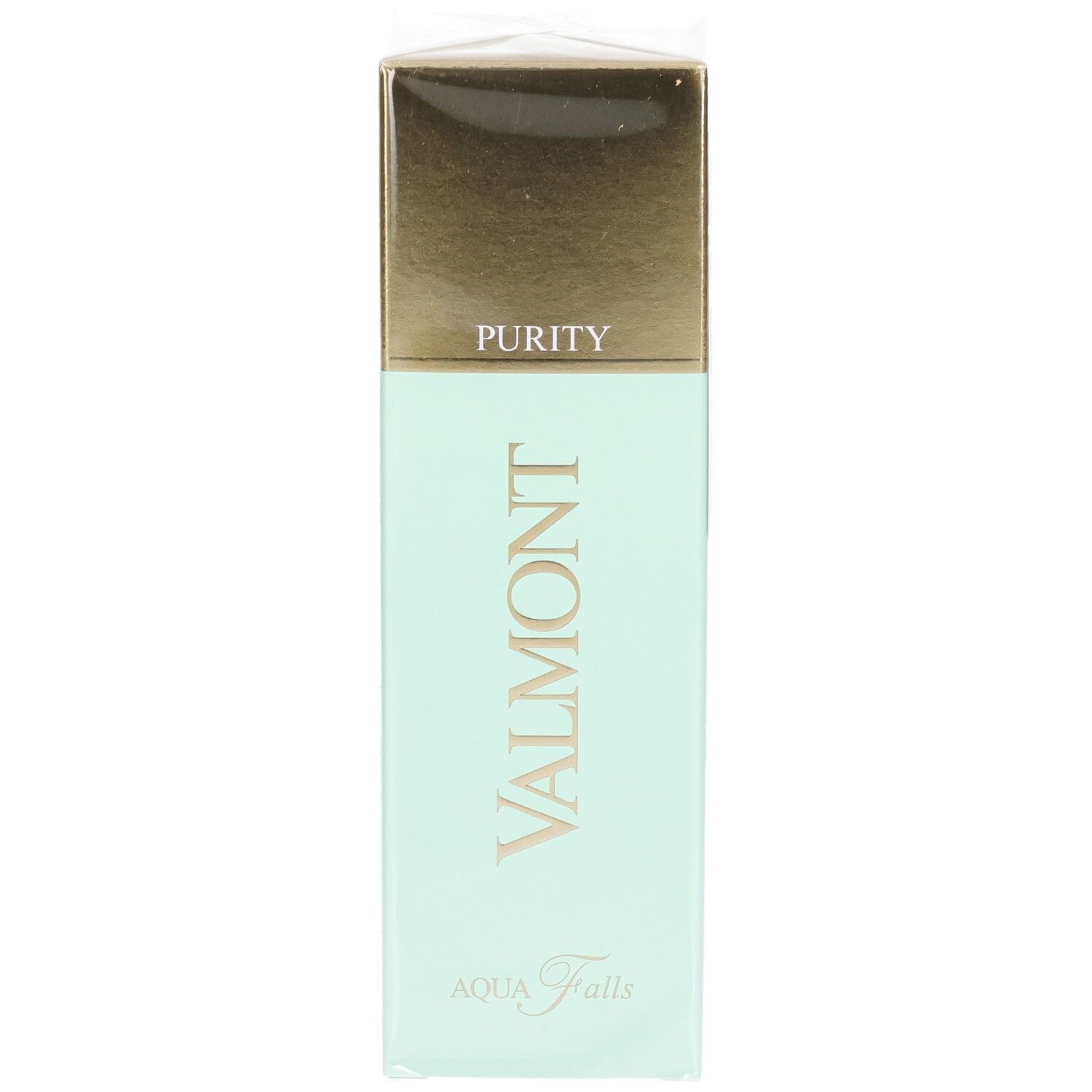 Valmont Aqua Falls Verpackung mit mintgrünem Körper und goldener Oberseite. Enthält Text 'PURITY'.