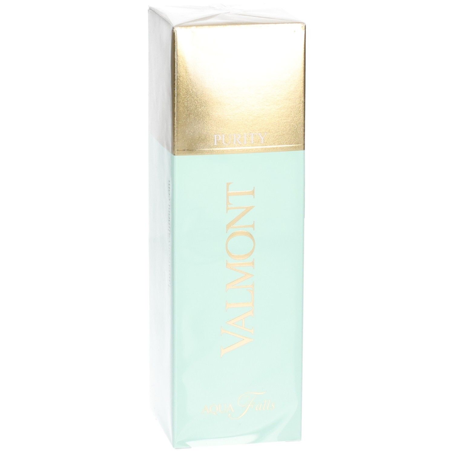 Valmont Aqua Falls Verpackung mit mintgrünem Körper und goldener Oberseite. Enthält Text 'PURITY'.