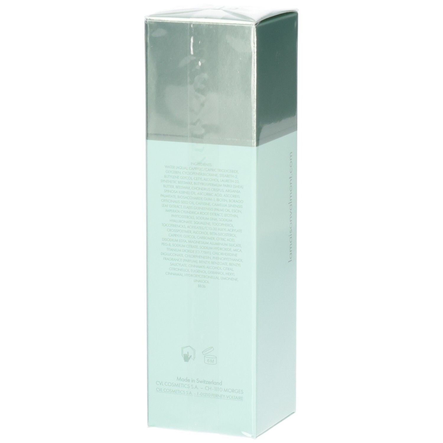 Rückseite der VALMONT Body 24 Hour Feuchtigkeitspflege-Verpackung mit Inhaltsstoffen und Siegeln.