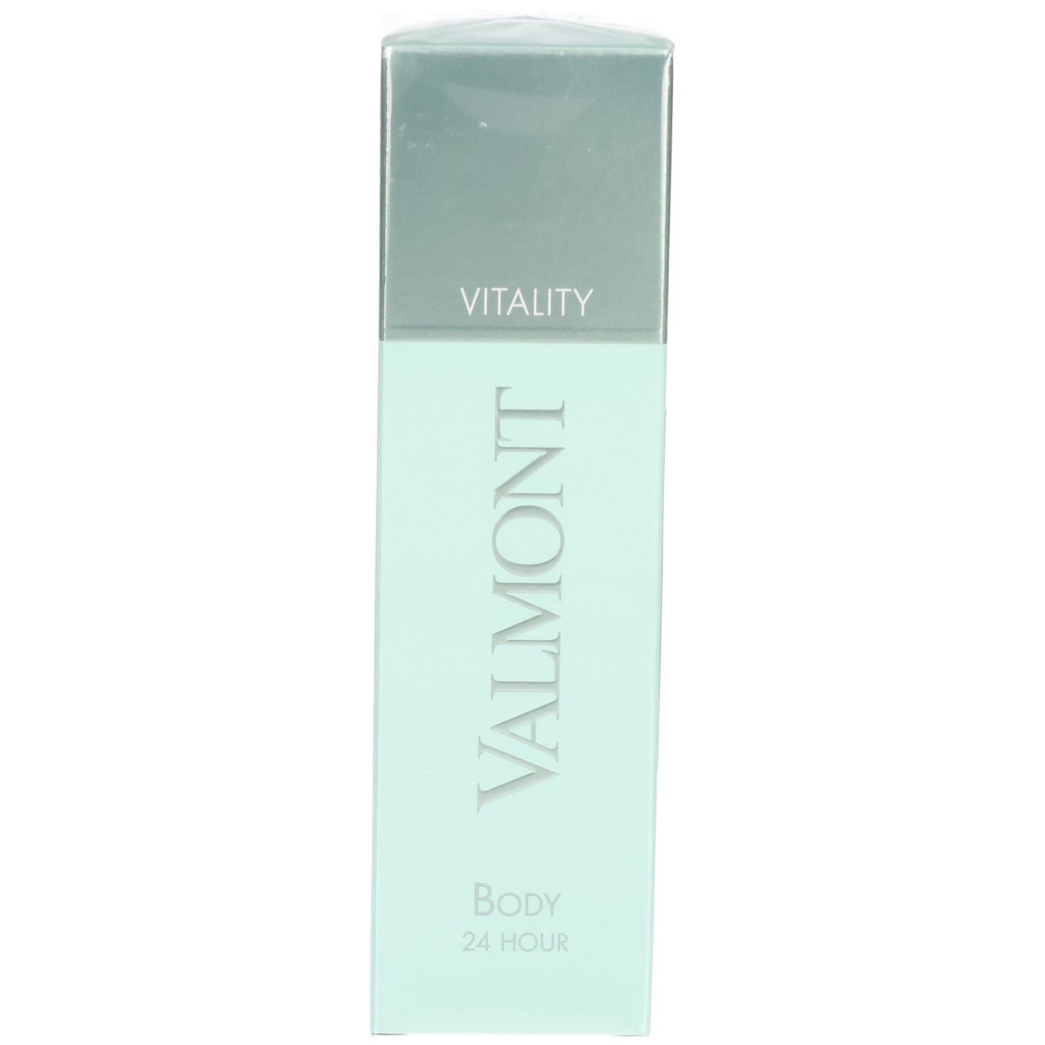 VALMONT Body 24 Hour Feuchtigkeitspflege, mintgrüne Verpackung mit silbernem Deckel und 'VITALITY'.